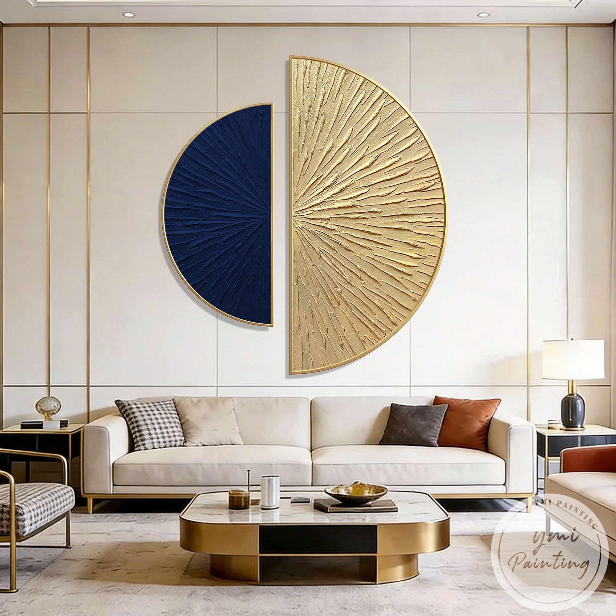 Textured blue and gold abstract canvas set for living room decor