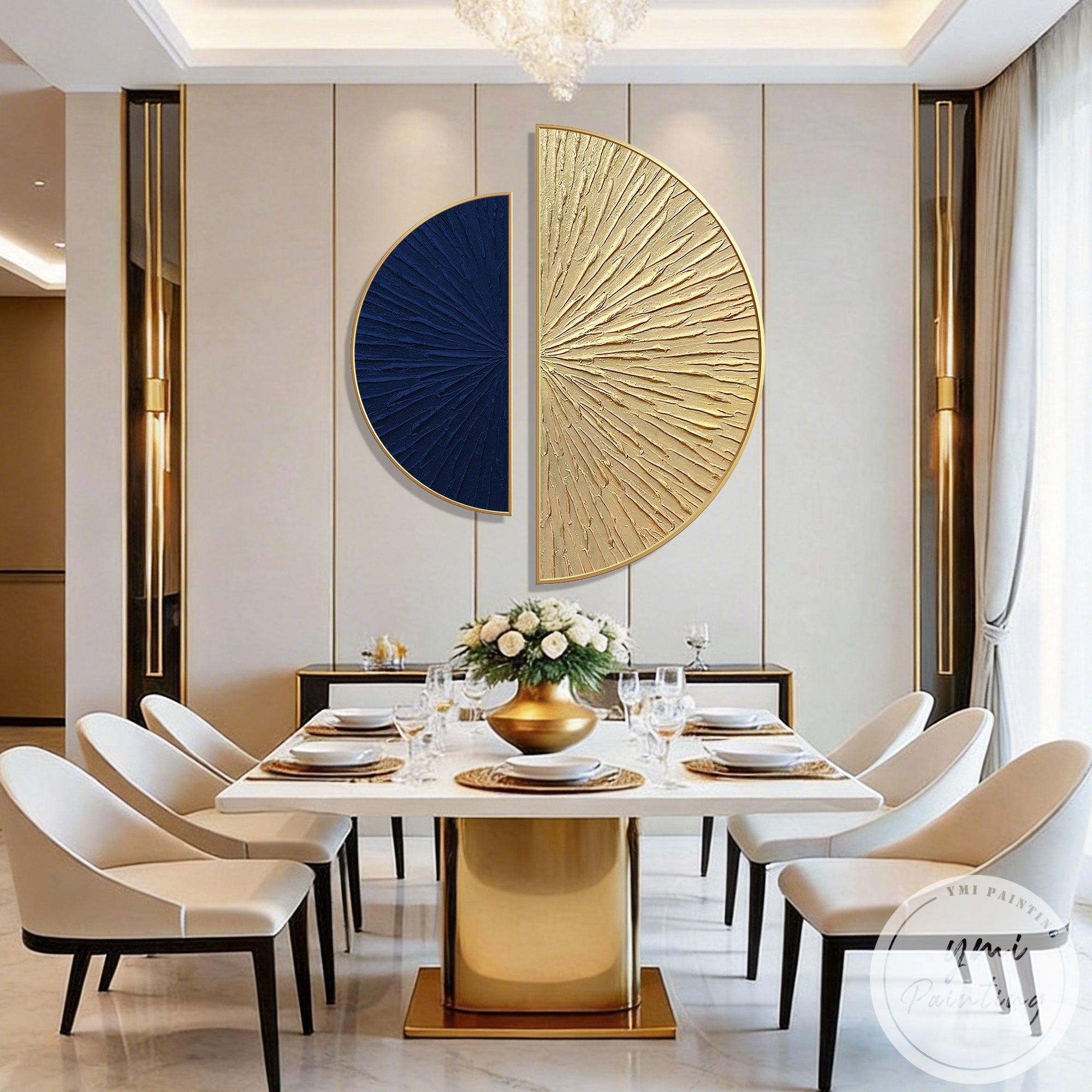 Modern half circle canvas painting in blue and gold tones