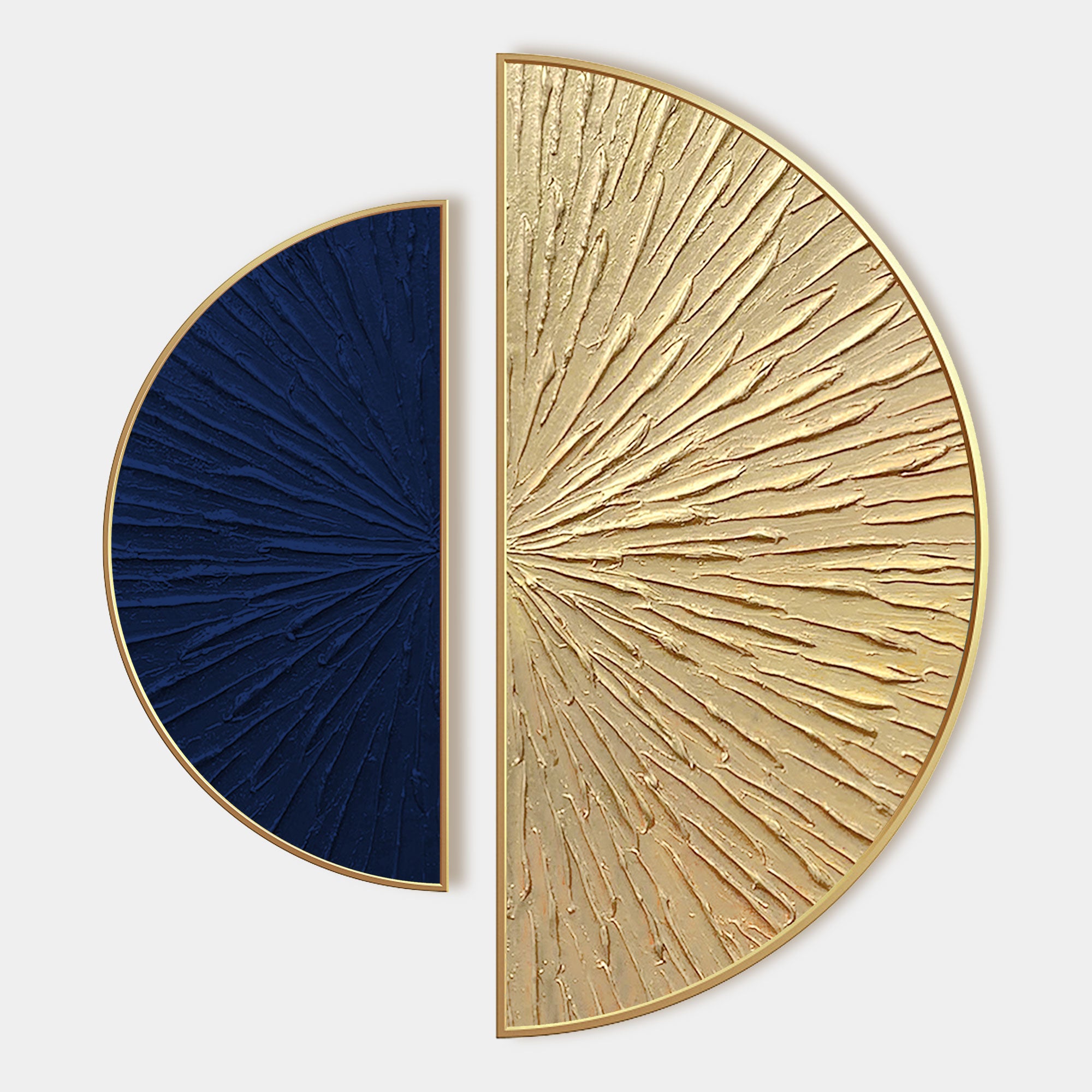 Abstract blue gold wall art set with textured sunburst geometric design