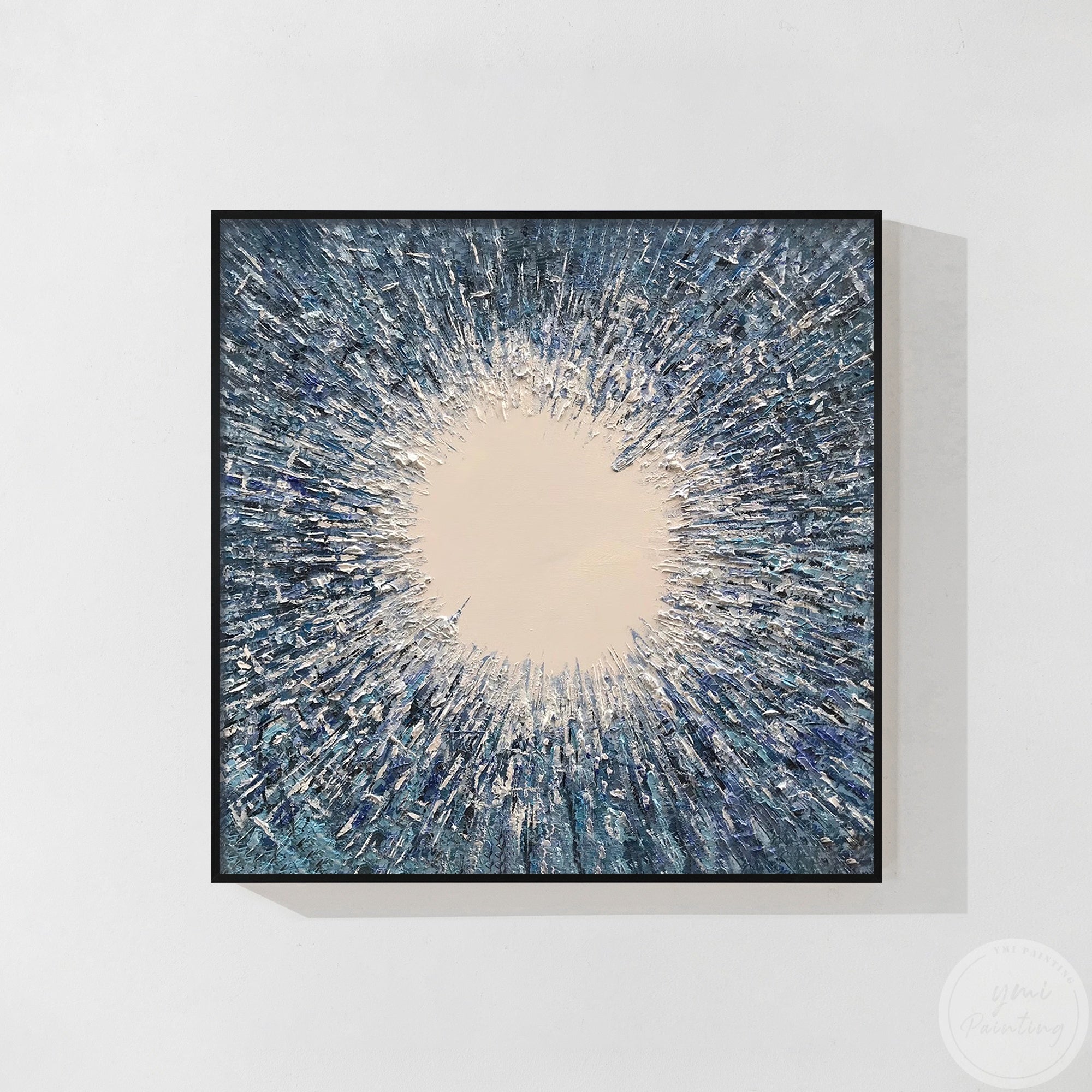 Abstract textured painting in blue and gray with beige accents in a black frame