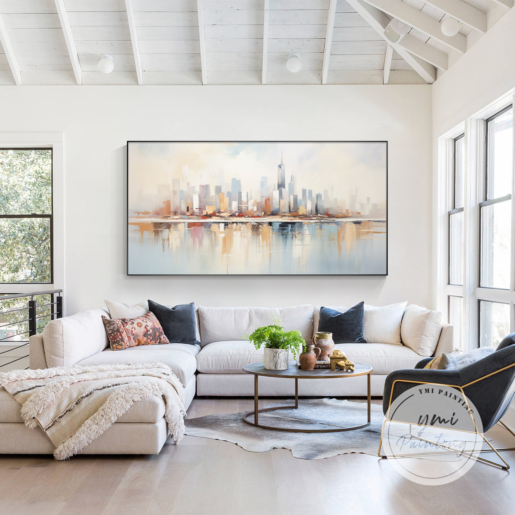 Neutral tone Chicago cityscape abstract artwork for contemporary office wall