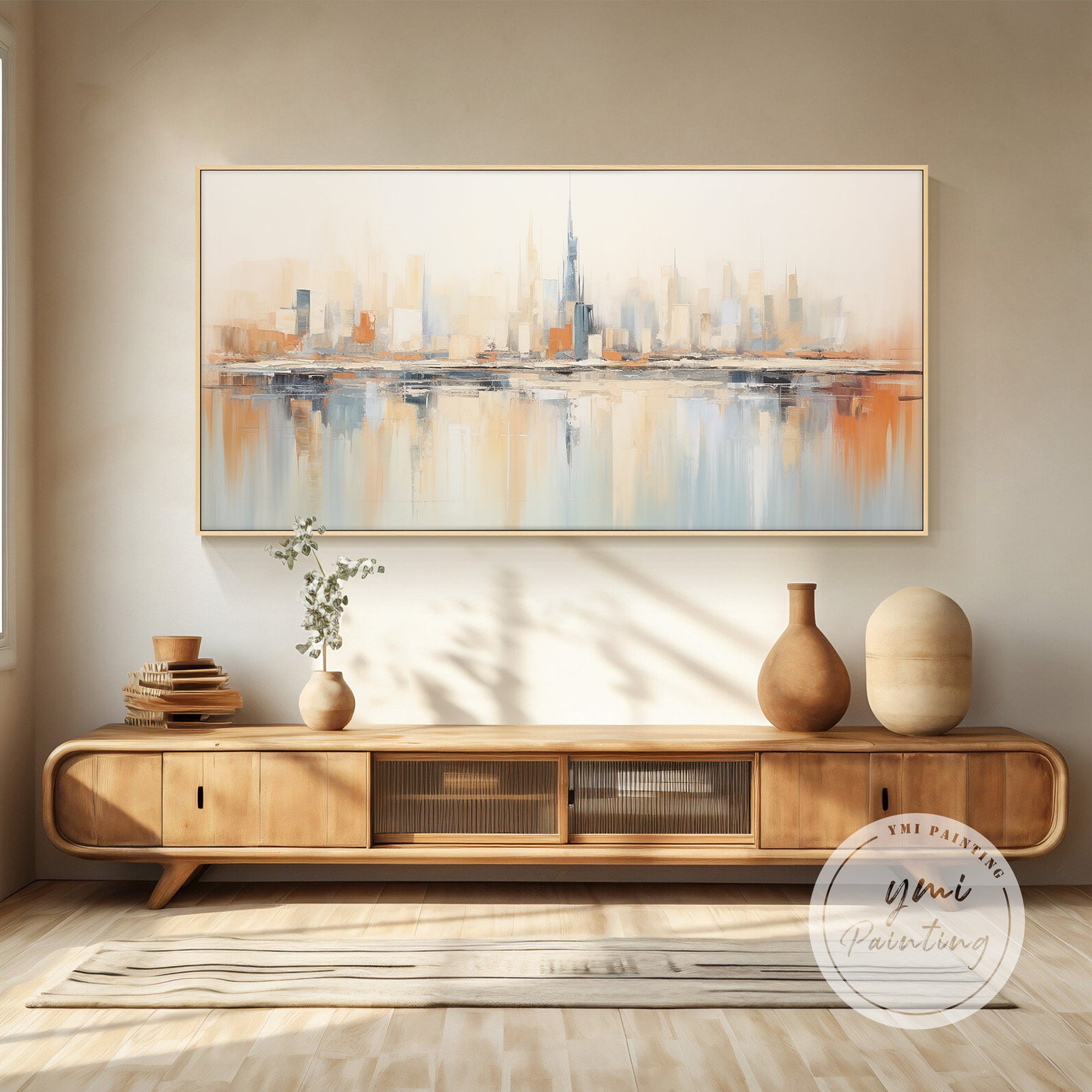 Modern Dubai cityscape canvas art with soft neutral tones