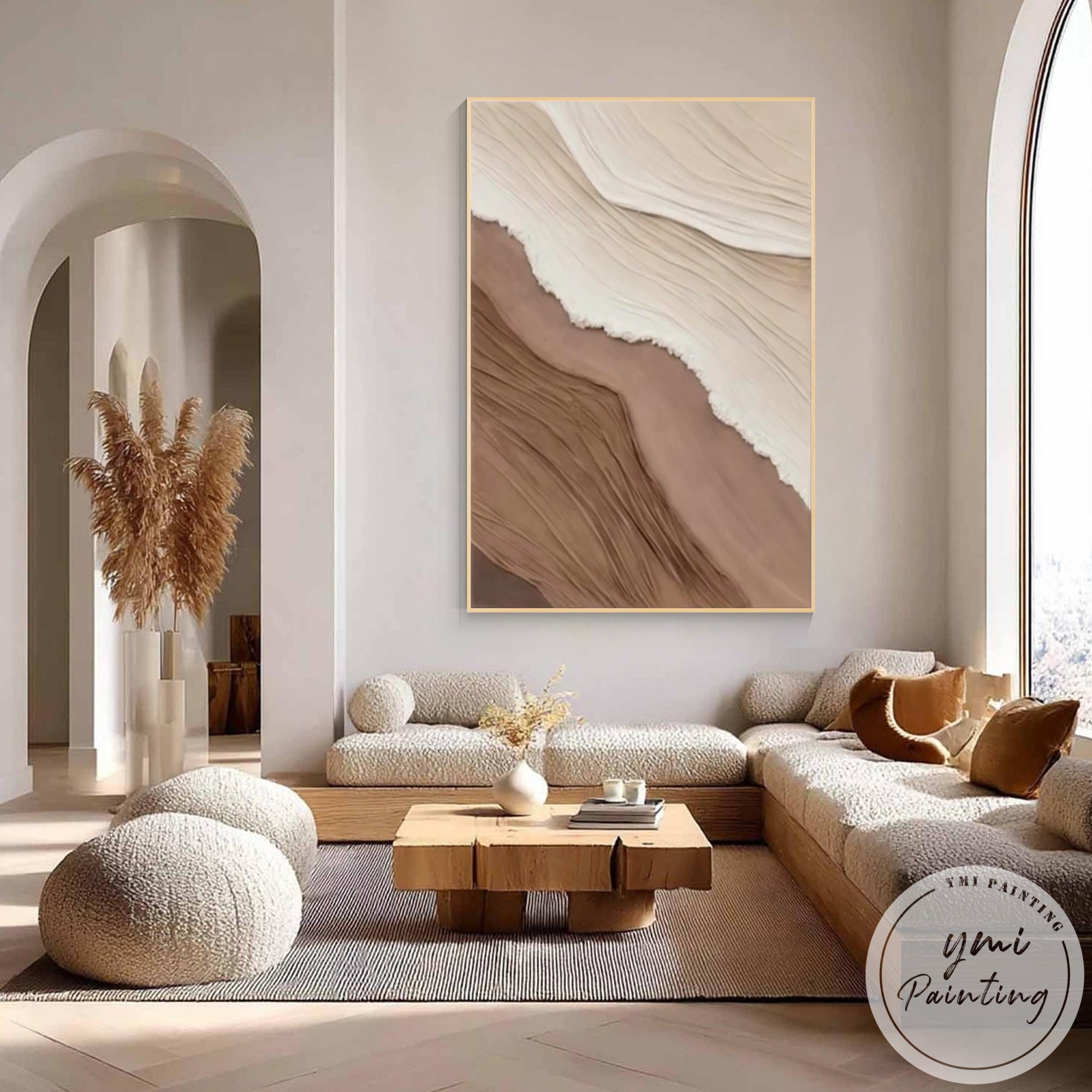 Earth tone abstract artwork with white beige and brown textures