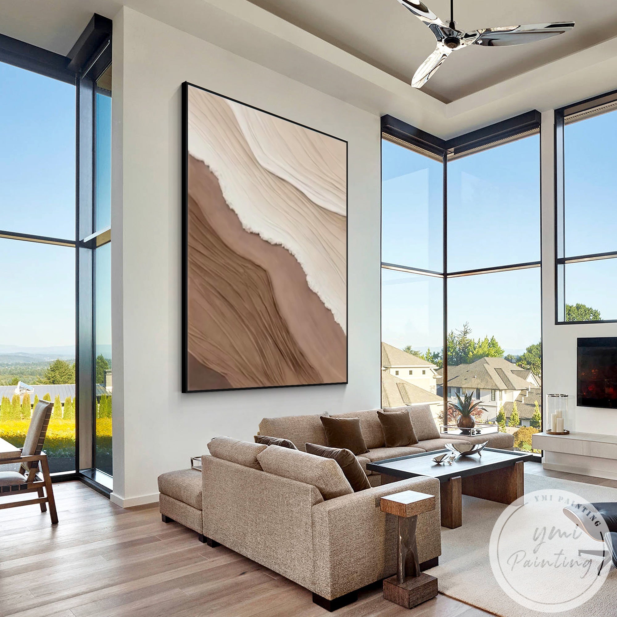 Contemporary beige brown abstract art for office wall decoration
