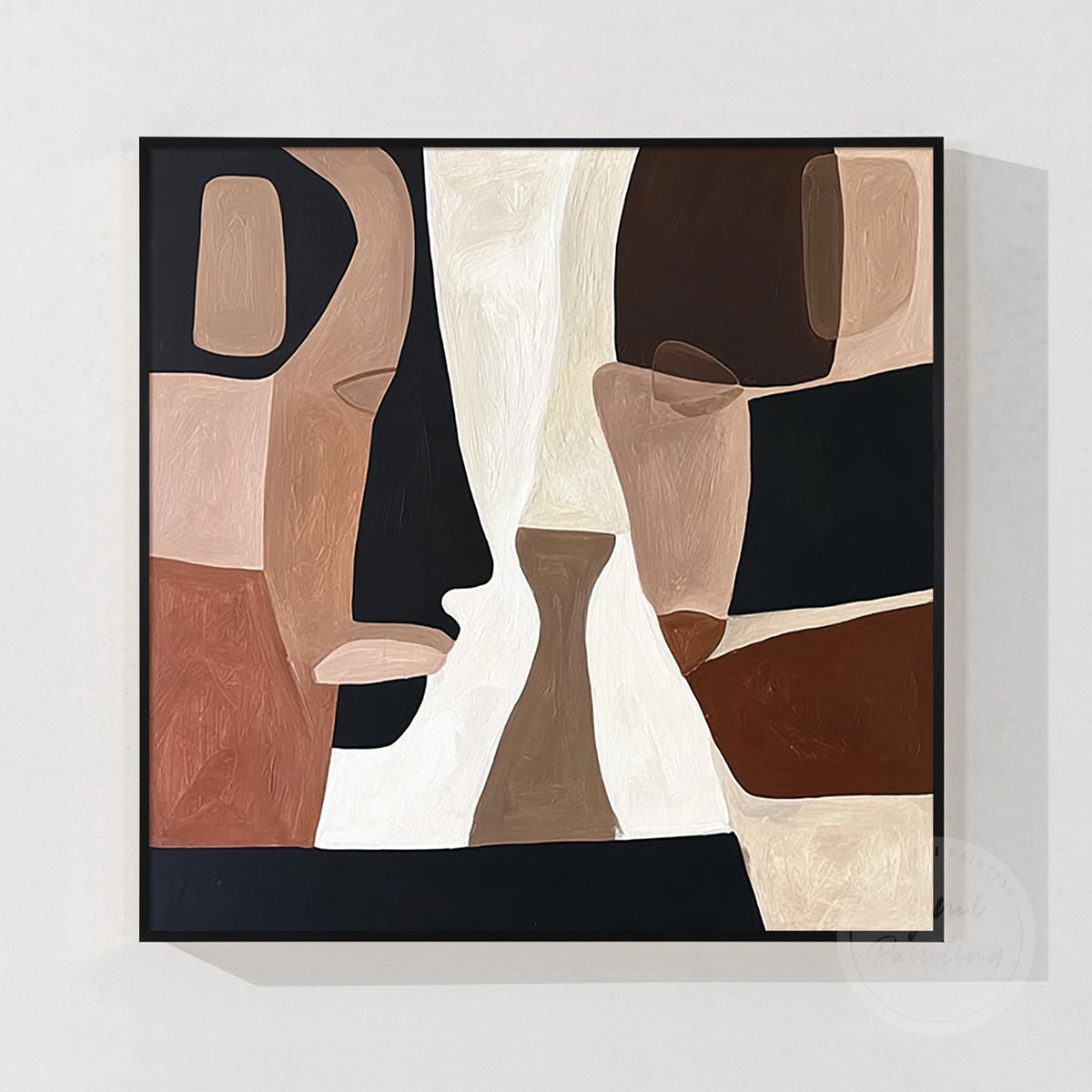 Abstract face art in a bedroom with warm white walls and walnut furniture