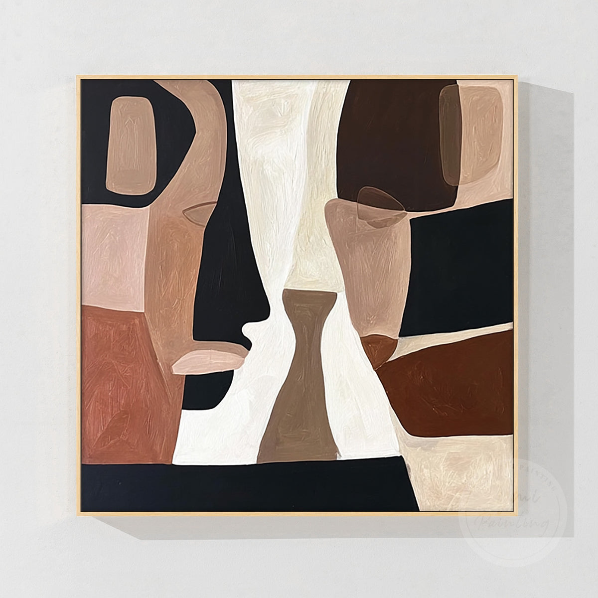 Abstract face painting displayed above a sideboard with black metal accents
