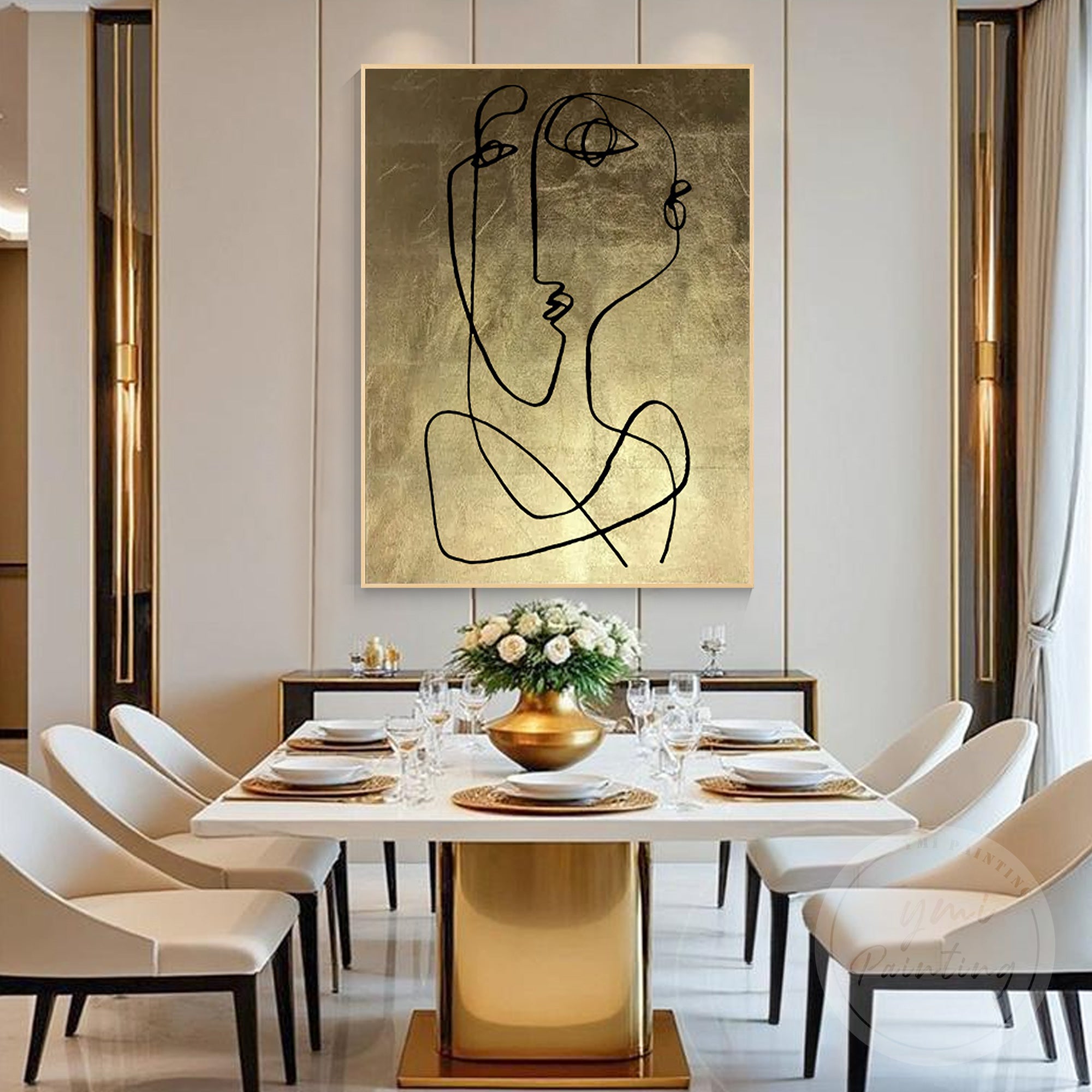 Contemporary one line face artwork on textured gold canvas