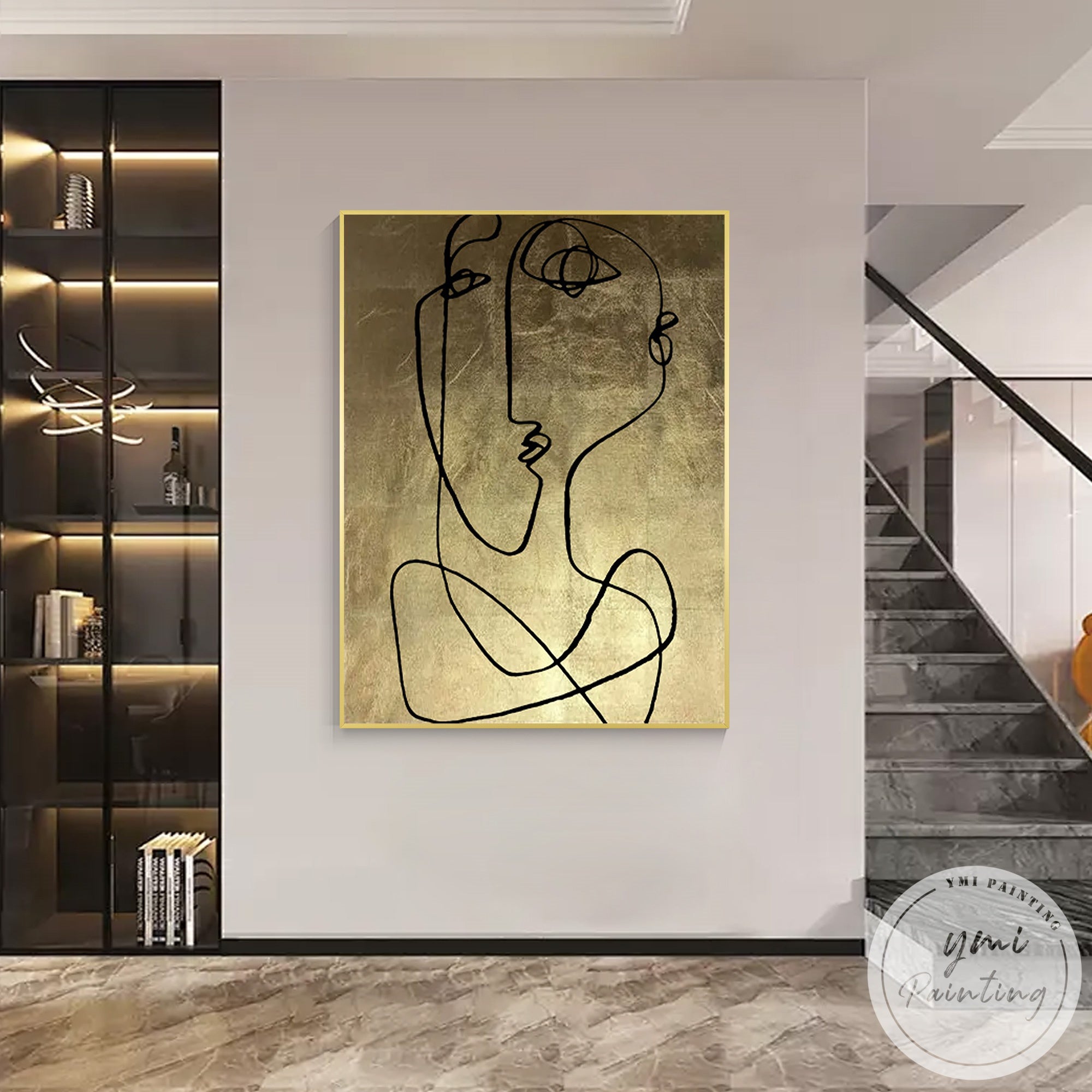 One line Picasso style portrait painting with gold background