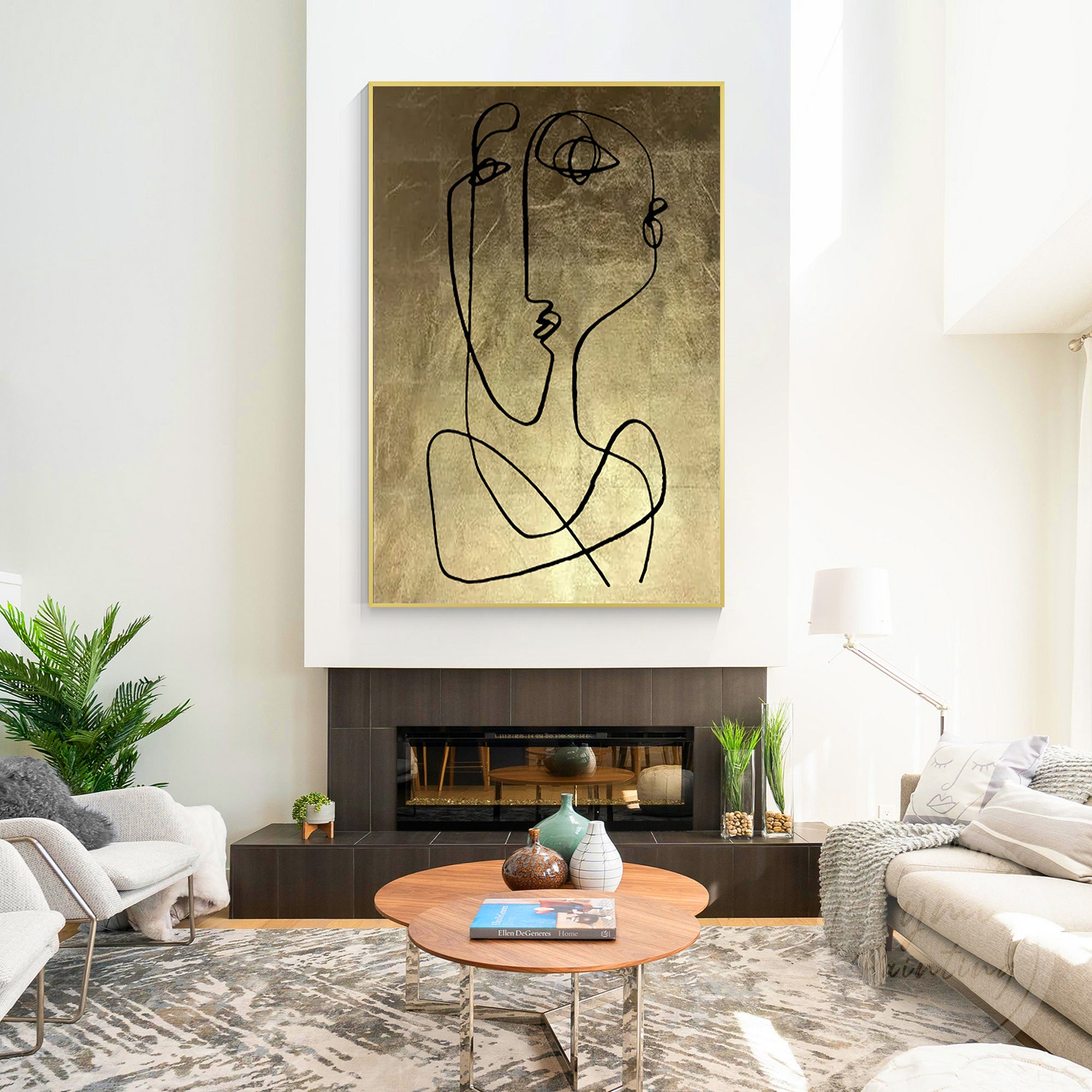 Modern abstract line drawing canvas with metallic gold leaf