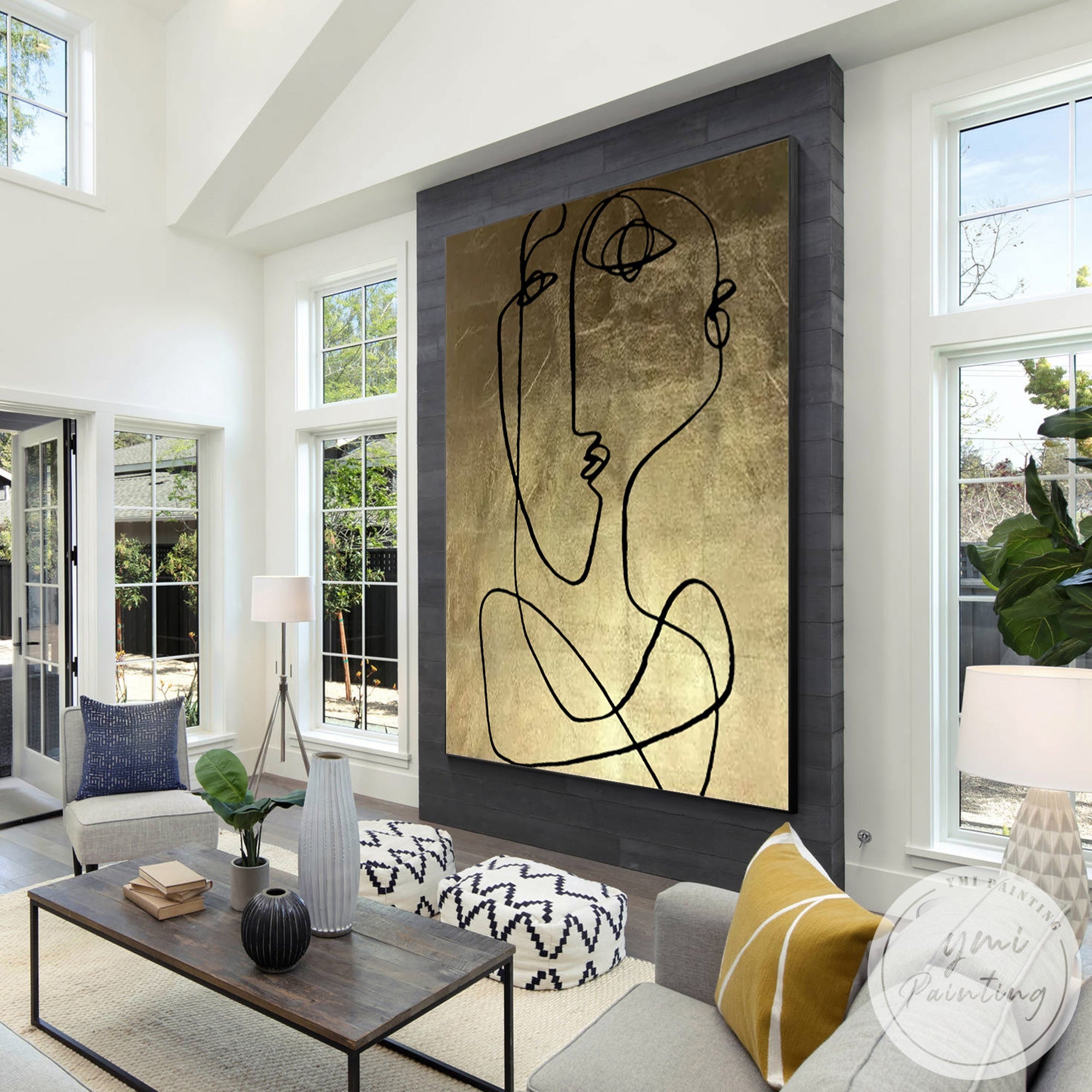 Extra large gold leaf canvas with line art face design