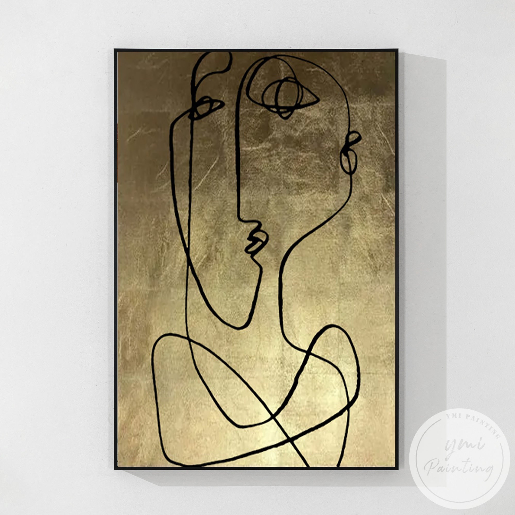 One line face wall art gold canvas for contemporary living room