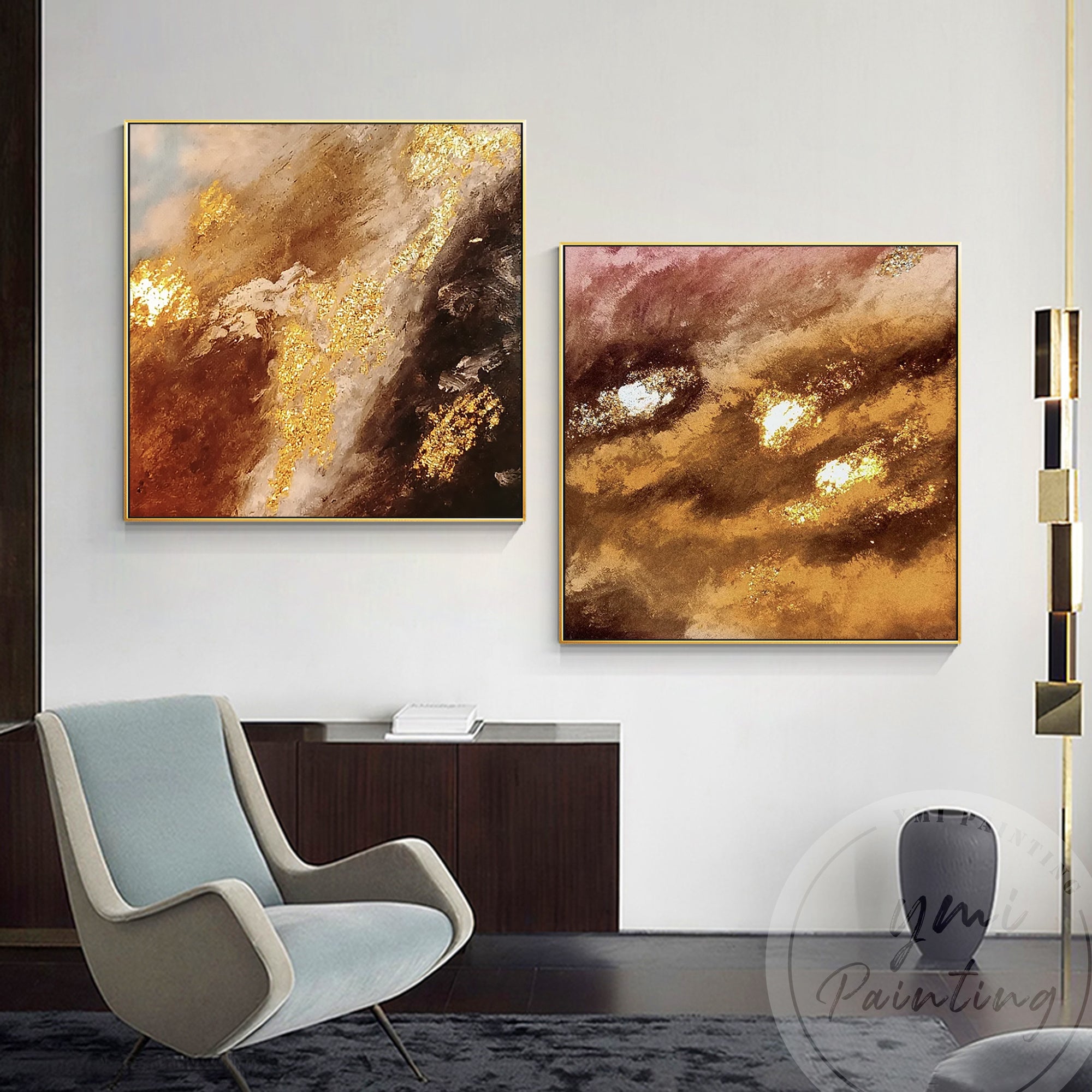 Abstract painting of fire clouds, blending gold foil, orange, and brown tones to represent a fiery sky decor a corner in home.