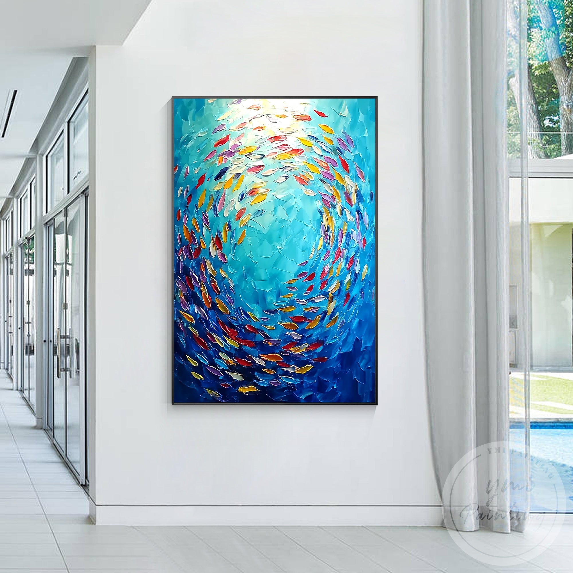 Hand painted colorful fish canvas for coastal interiors