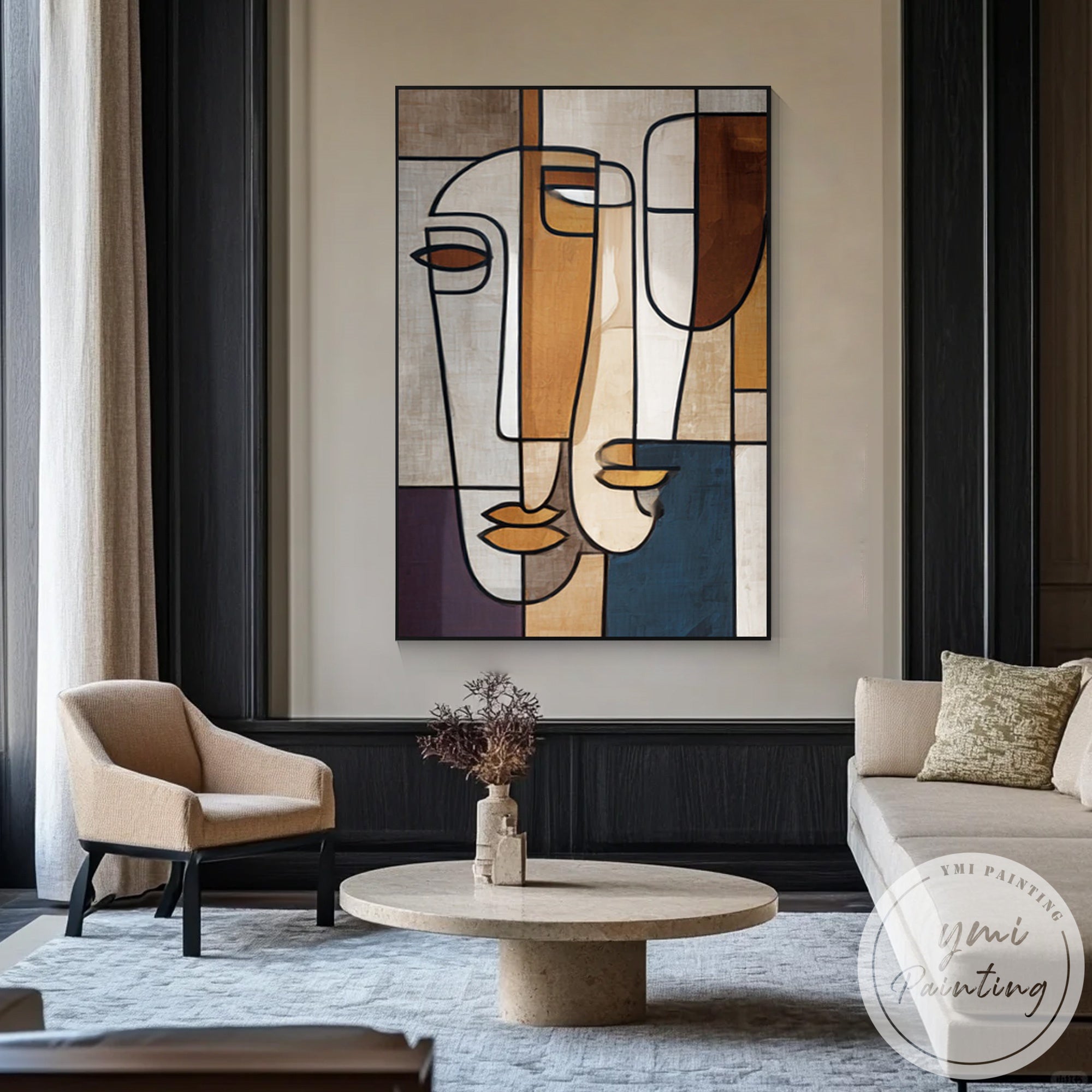 Modern oversized portrait painting with clean geometric shapes