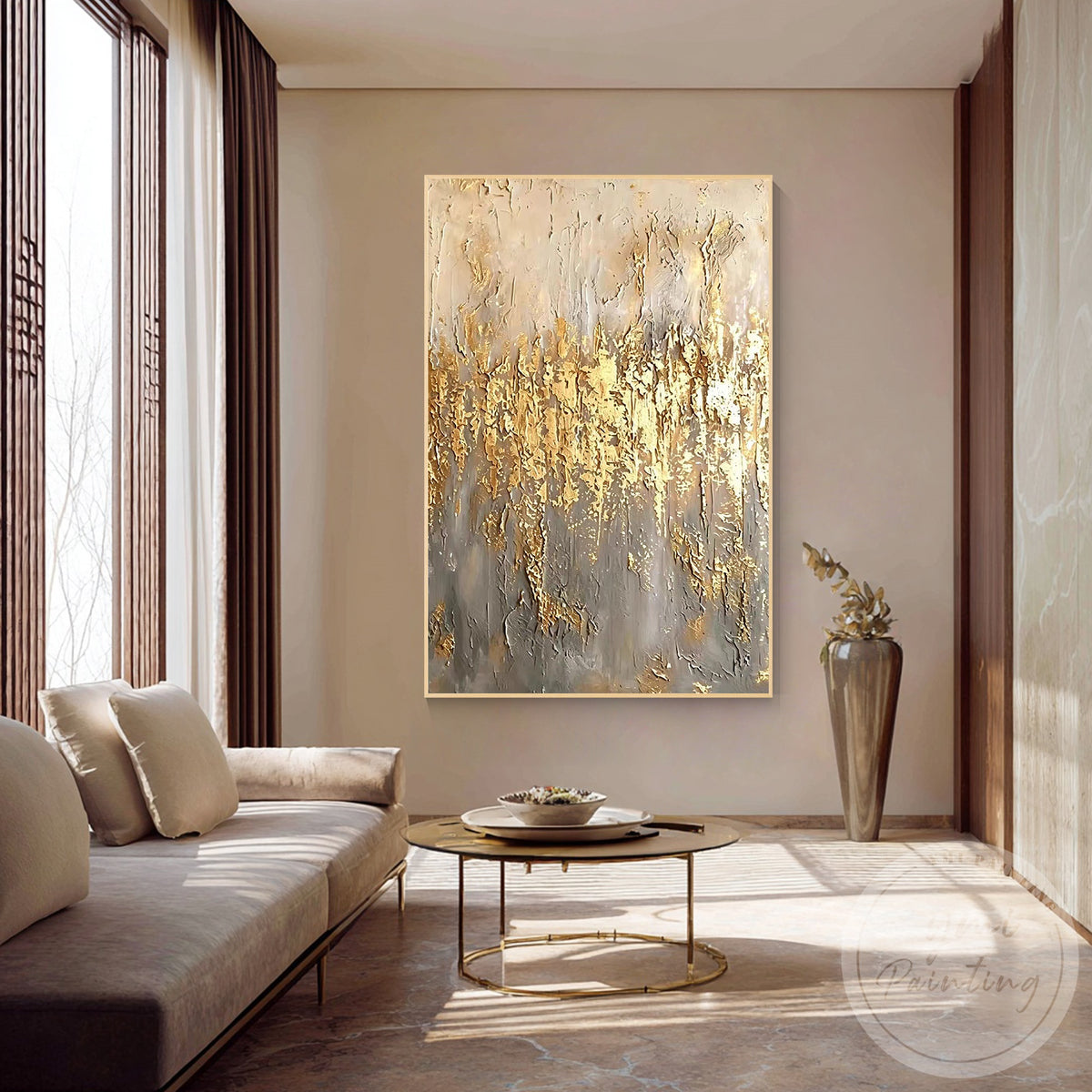 Champagne gold canvas wall art with neutral tones