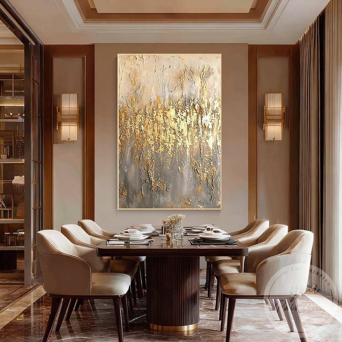 Neutral contemporary wall art with champagne gold accents