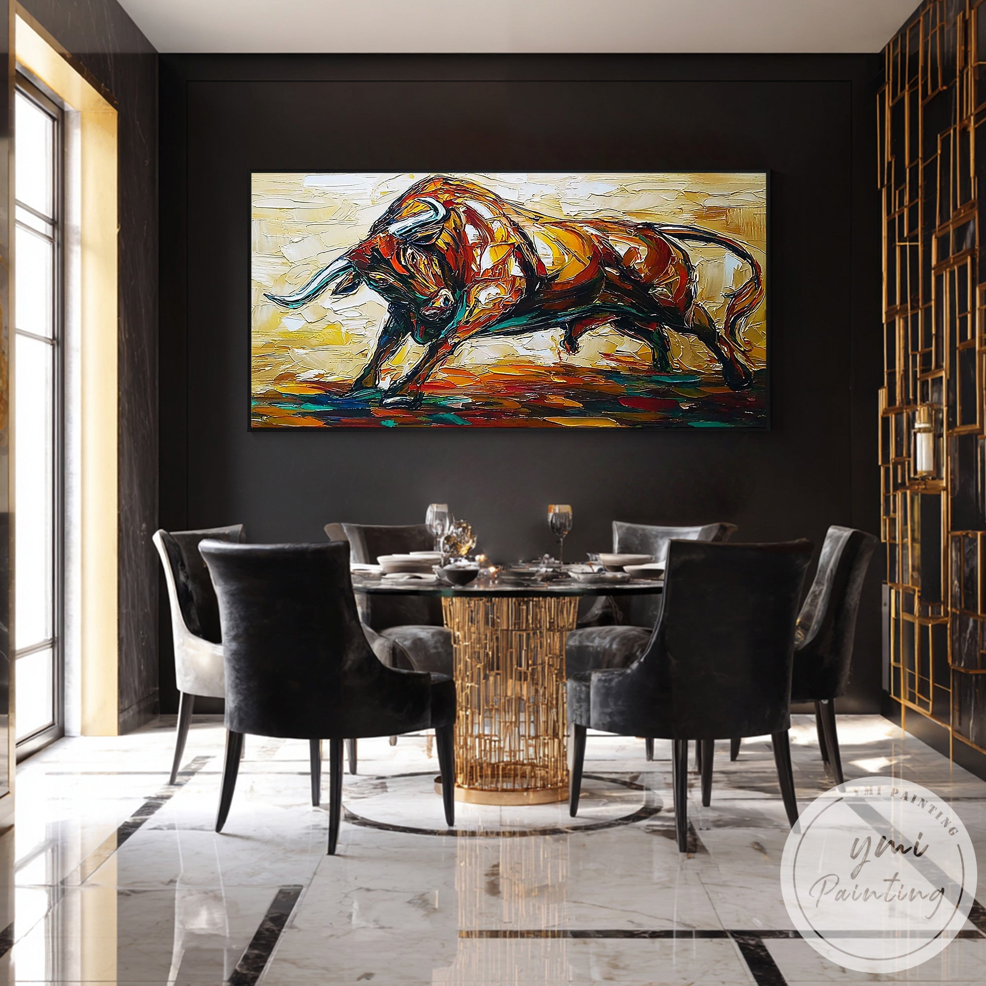 Bold expressionist golden bull painting on textured canvas