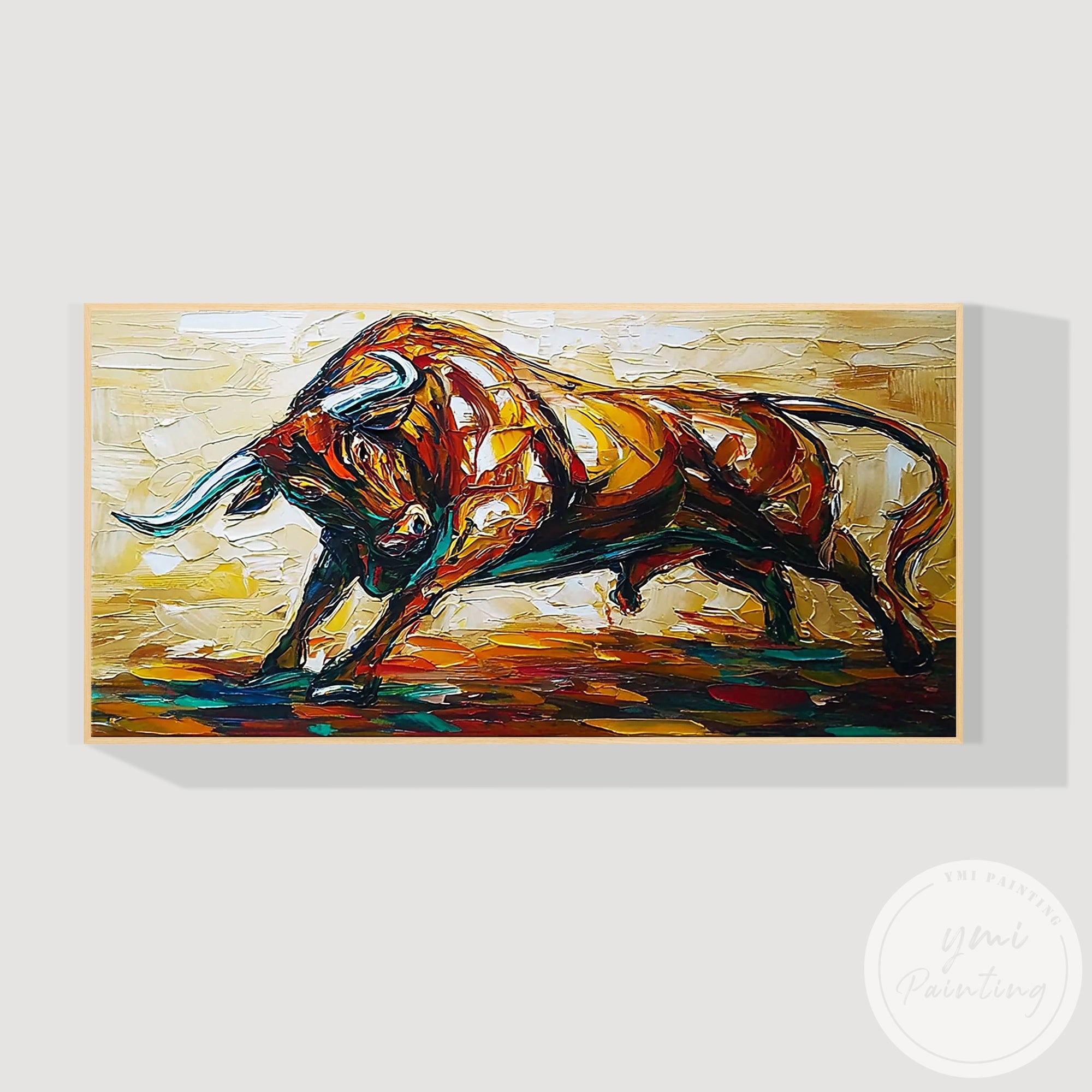 Horizontal abstract animal wall art golden bull design canvas