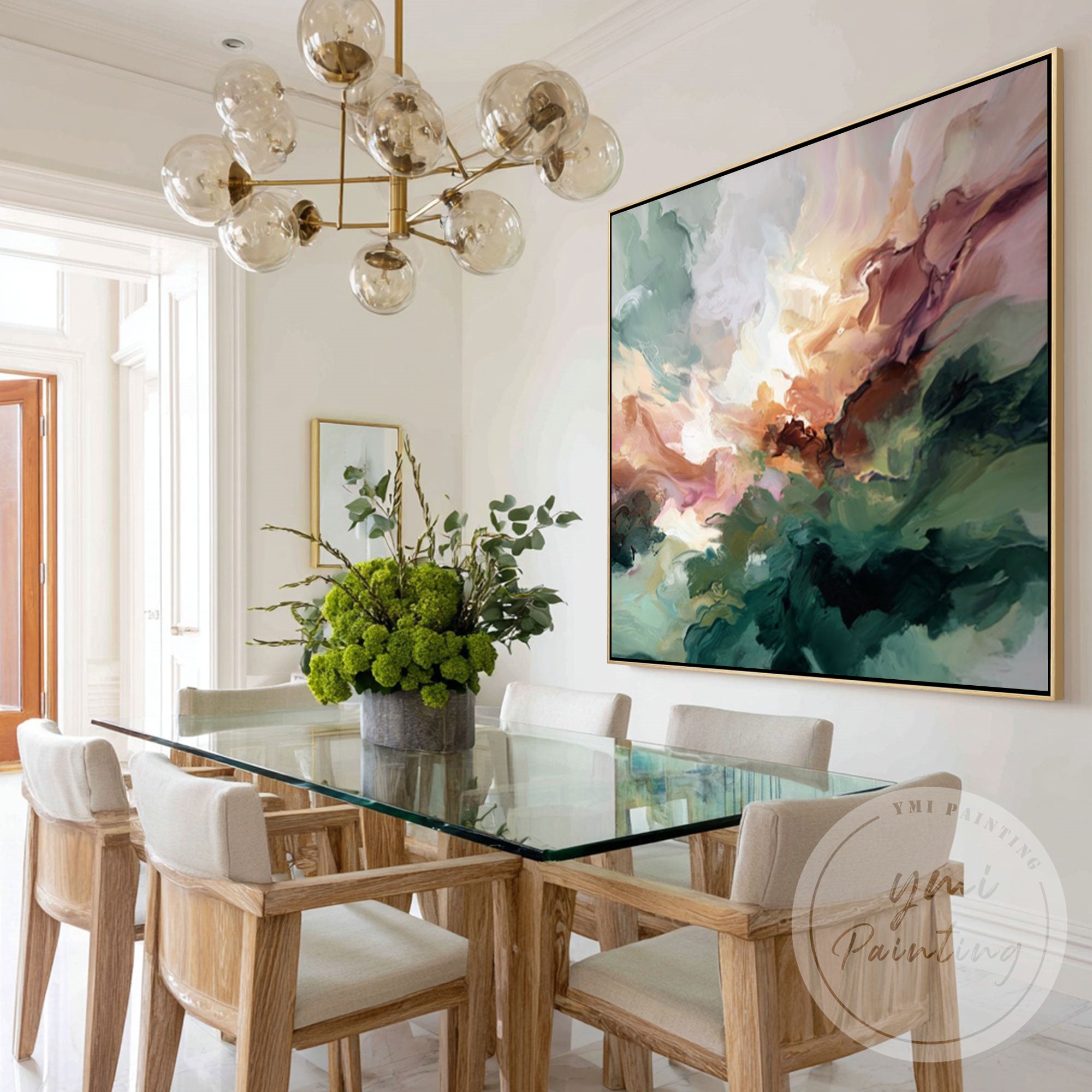 Soft green organic wall art with modern fluid design