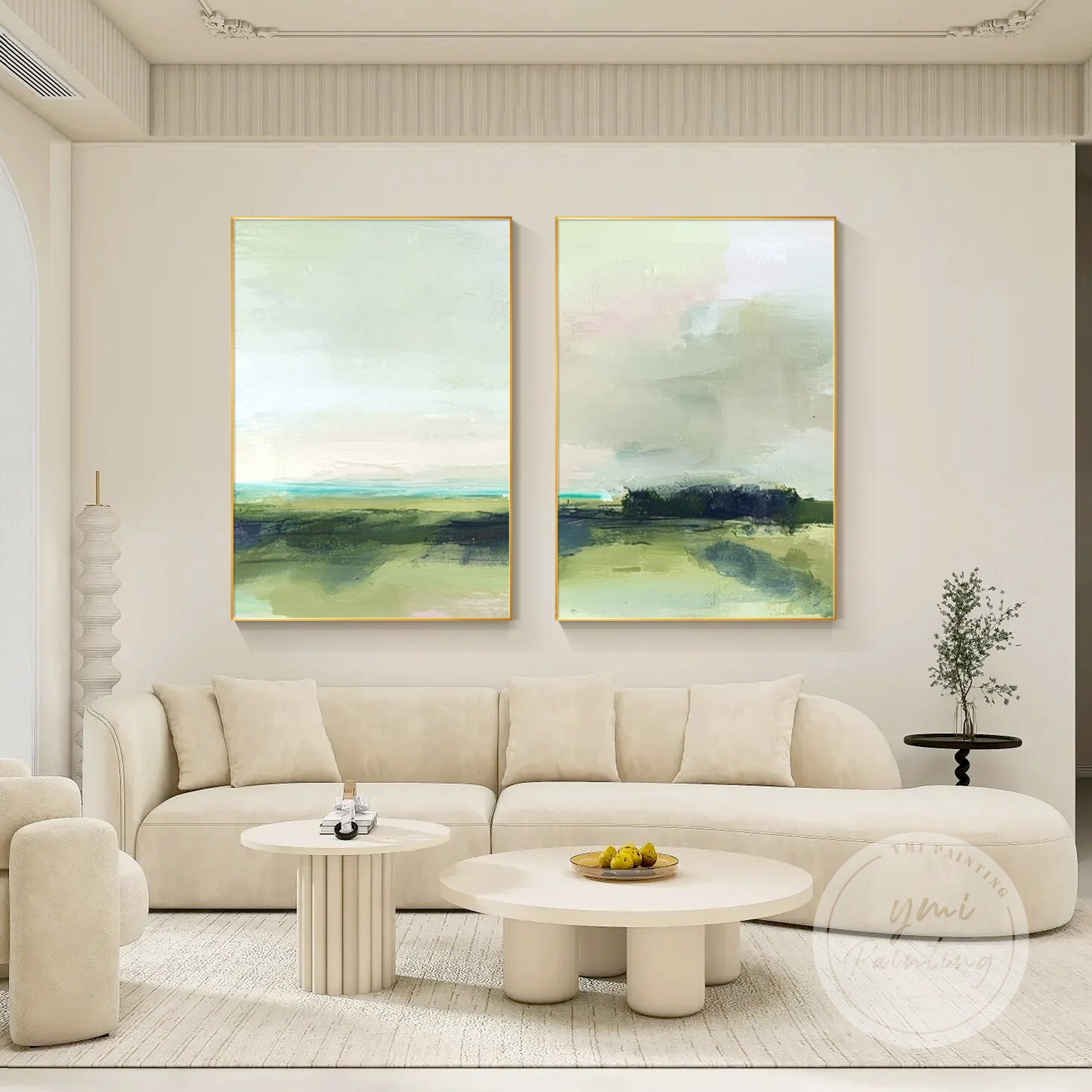 minimalist landscape painting set in soft bedroom interior