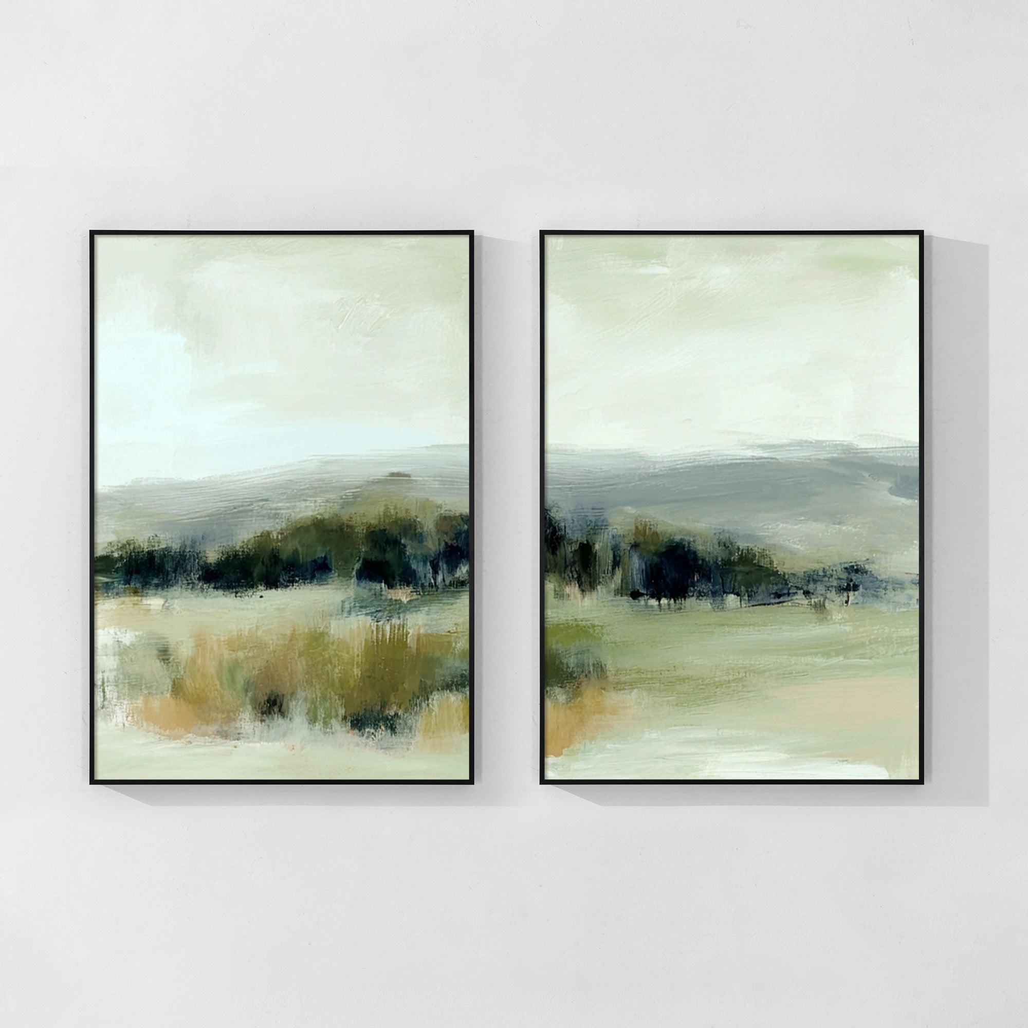 abstract green landscape wall art set above modern living room sofa