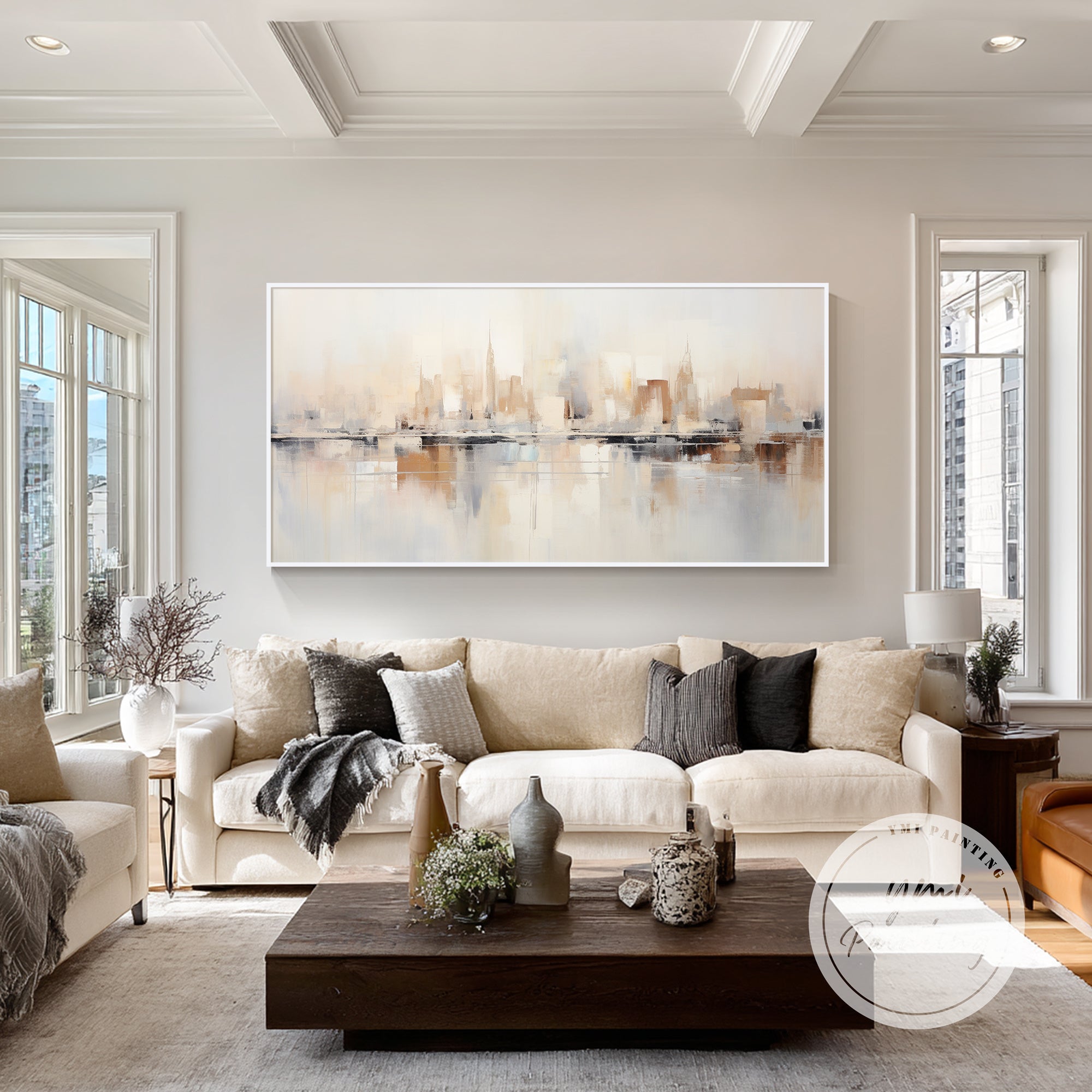 Modern LA cityscape canvas art with soft beige and grey tones
