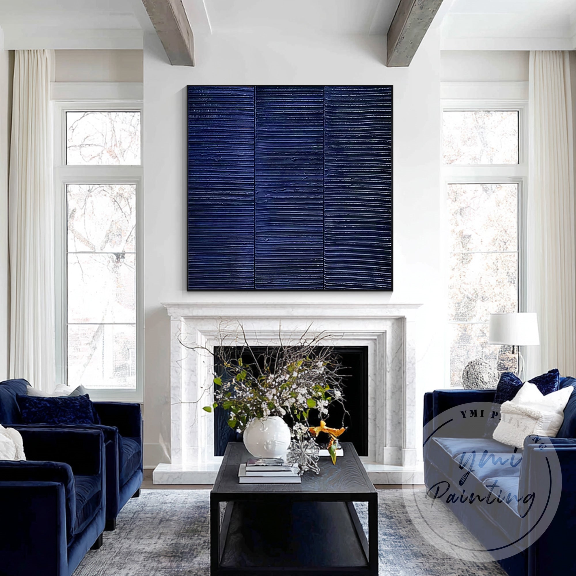 Textured abstract painting with deep blue tones and lines