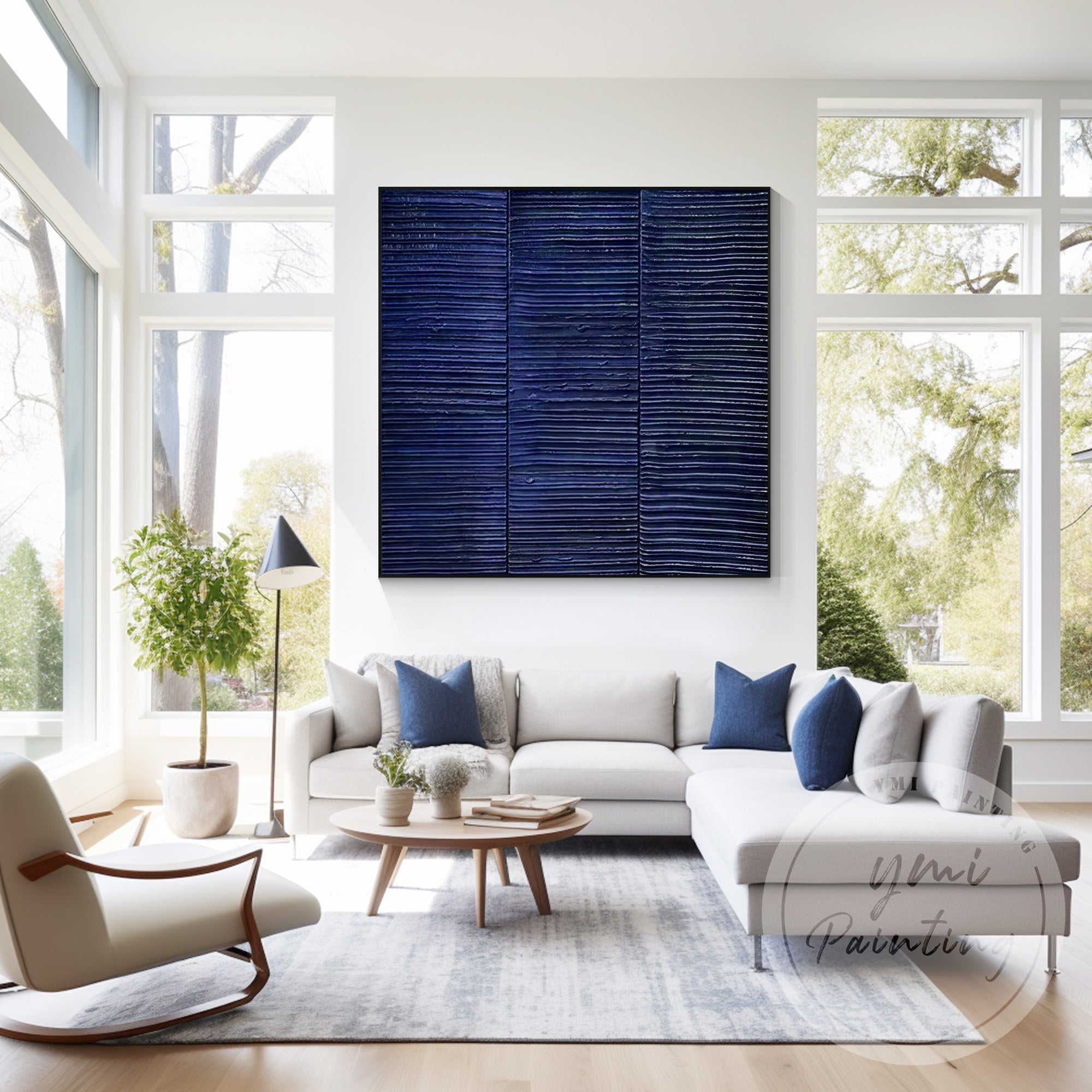 Minimalist navy blue abstract canvas artwork close-up detail