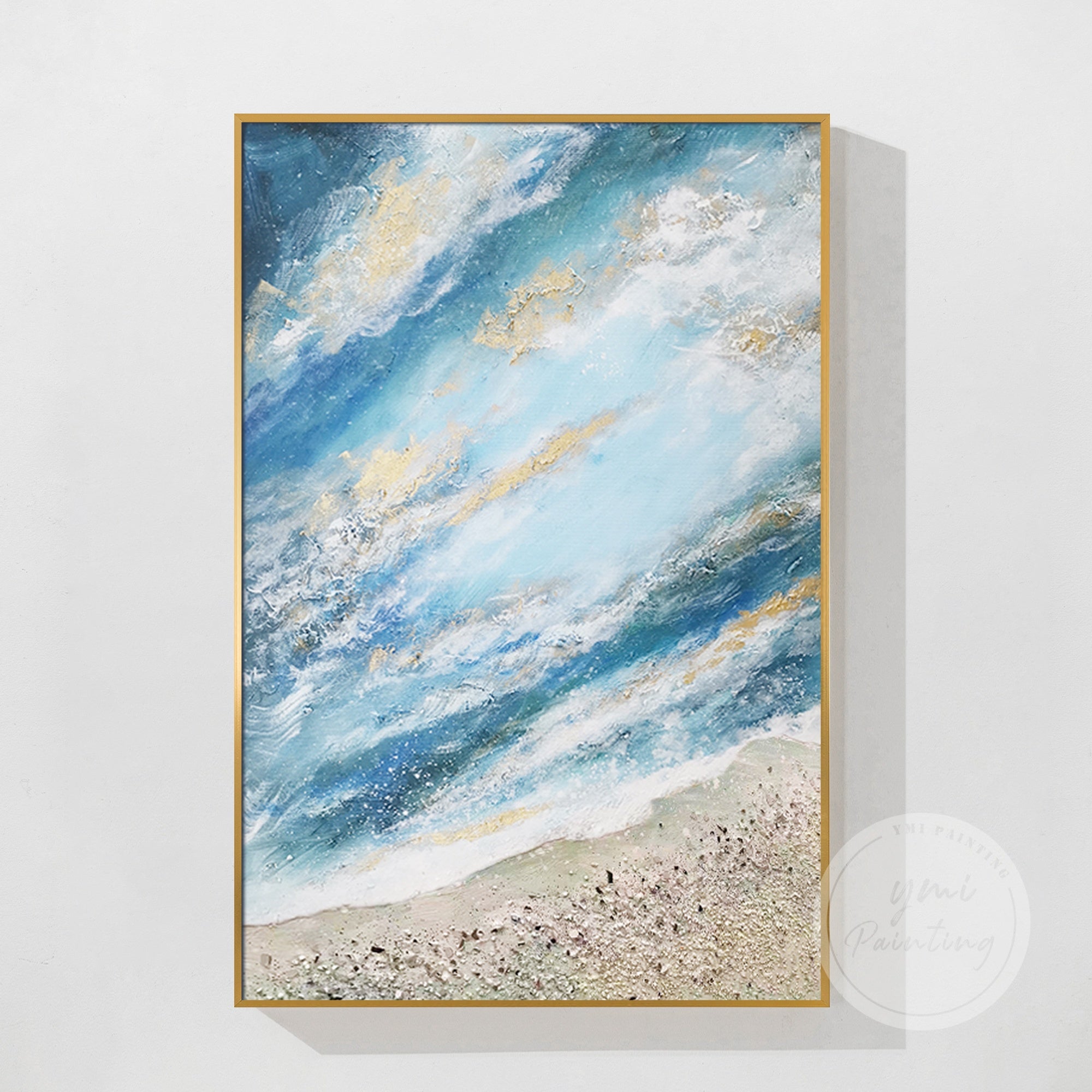 Abstract oil painting of ocean and sky, featuring soothing blues, gold leaf accents, and crystal stones.