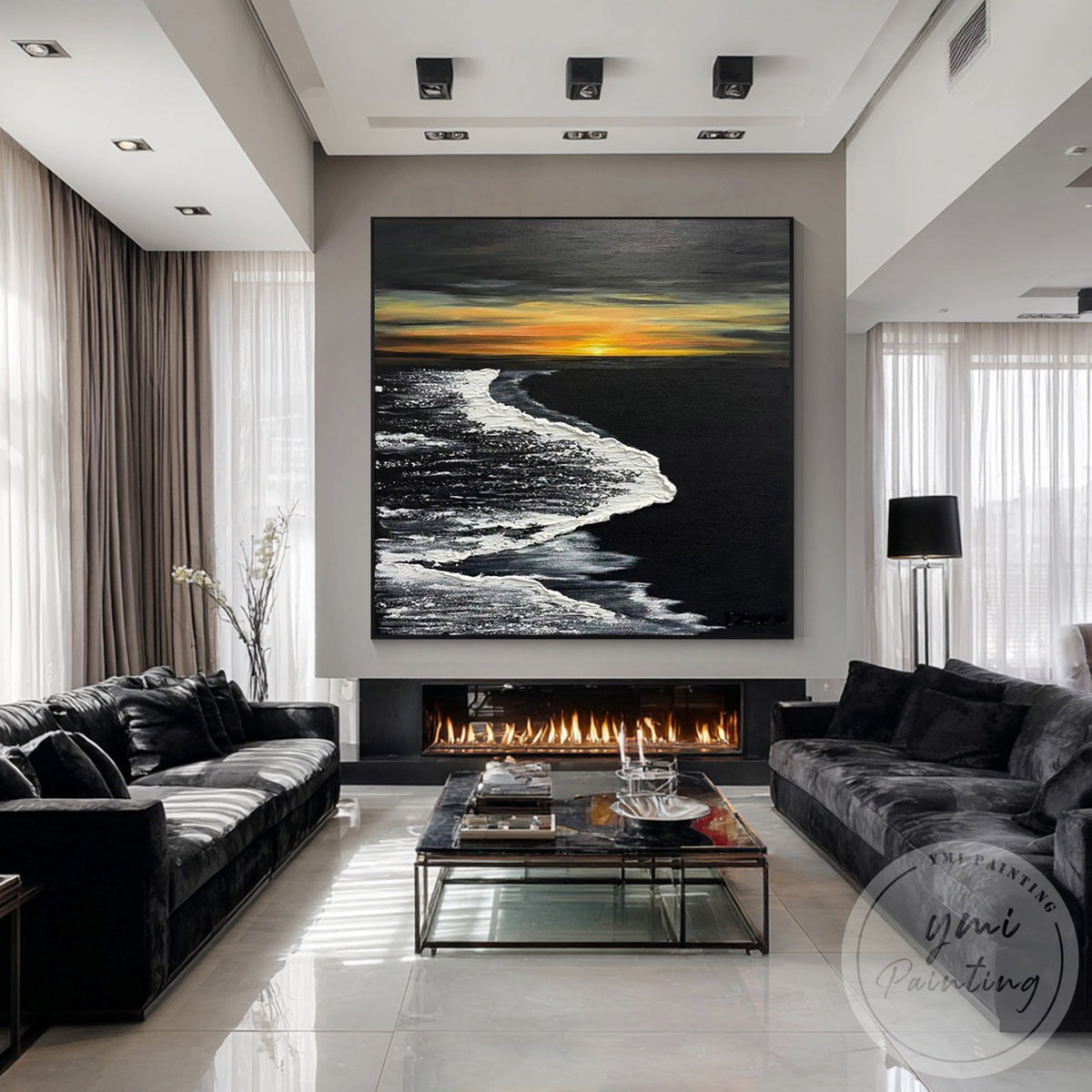 Large black white ocean wave canvas with gold sky