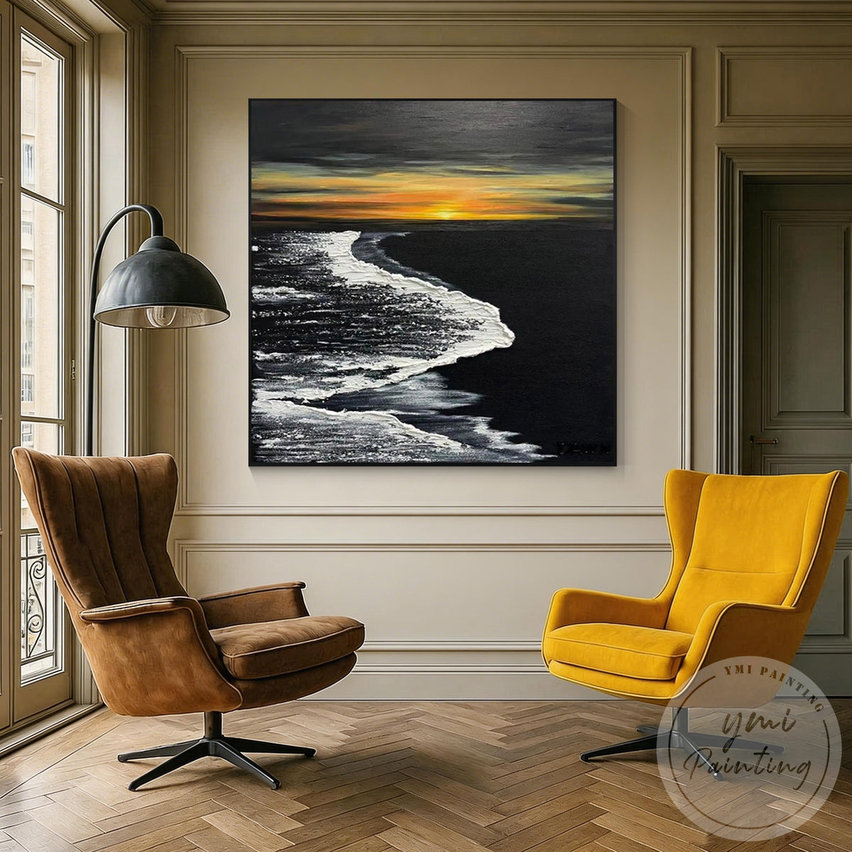 Abstract seascape painting with black white waves and gold