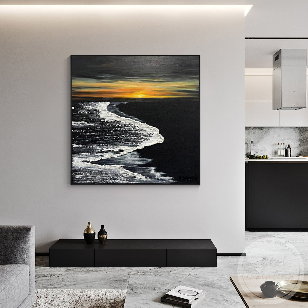 Gold sky ocean painting contemporary coastal wall decor