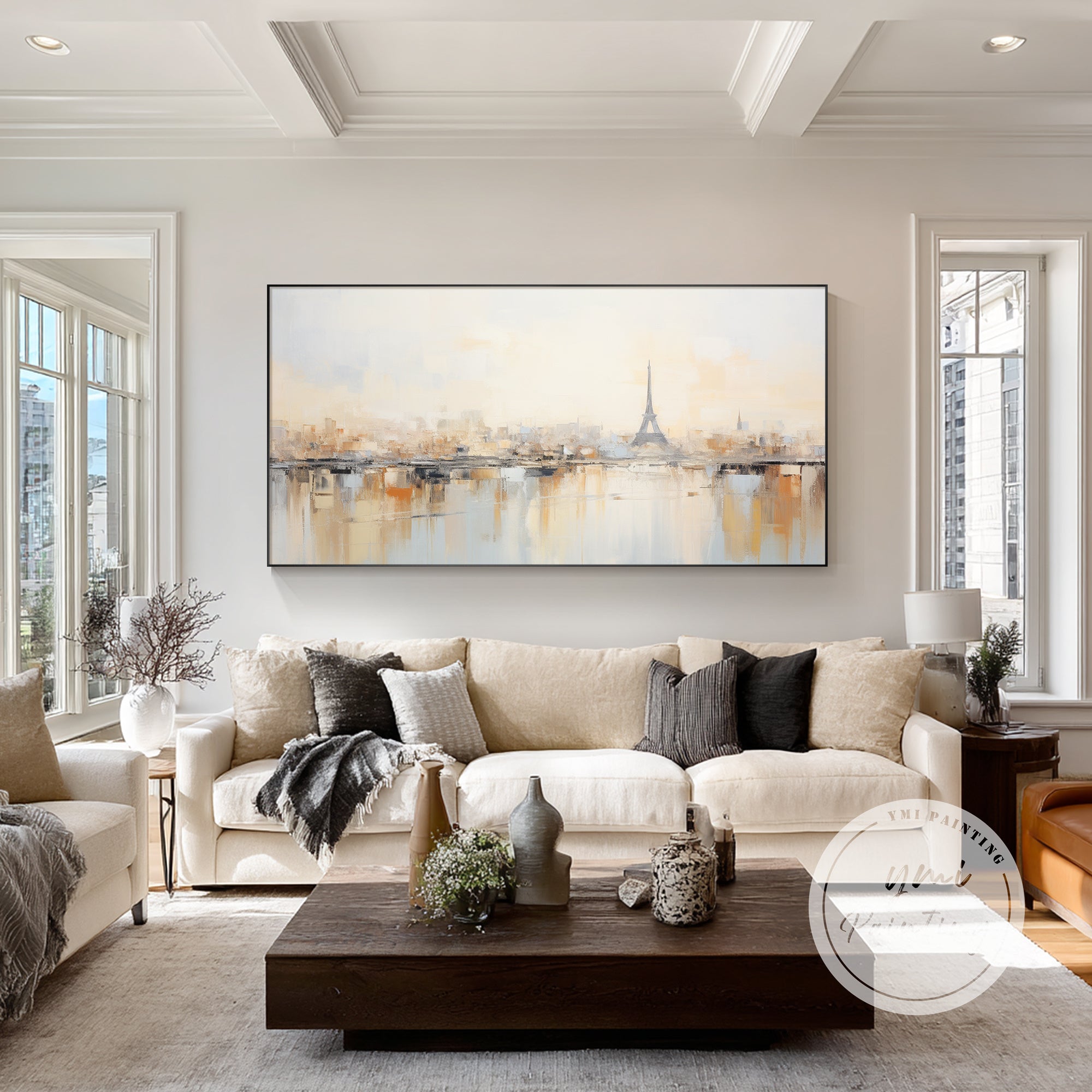 Modern Paris cityscape canvas art with soft beige and grey tones