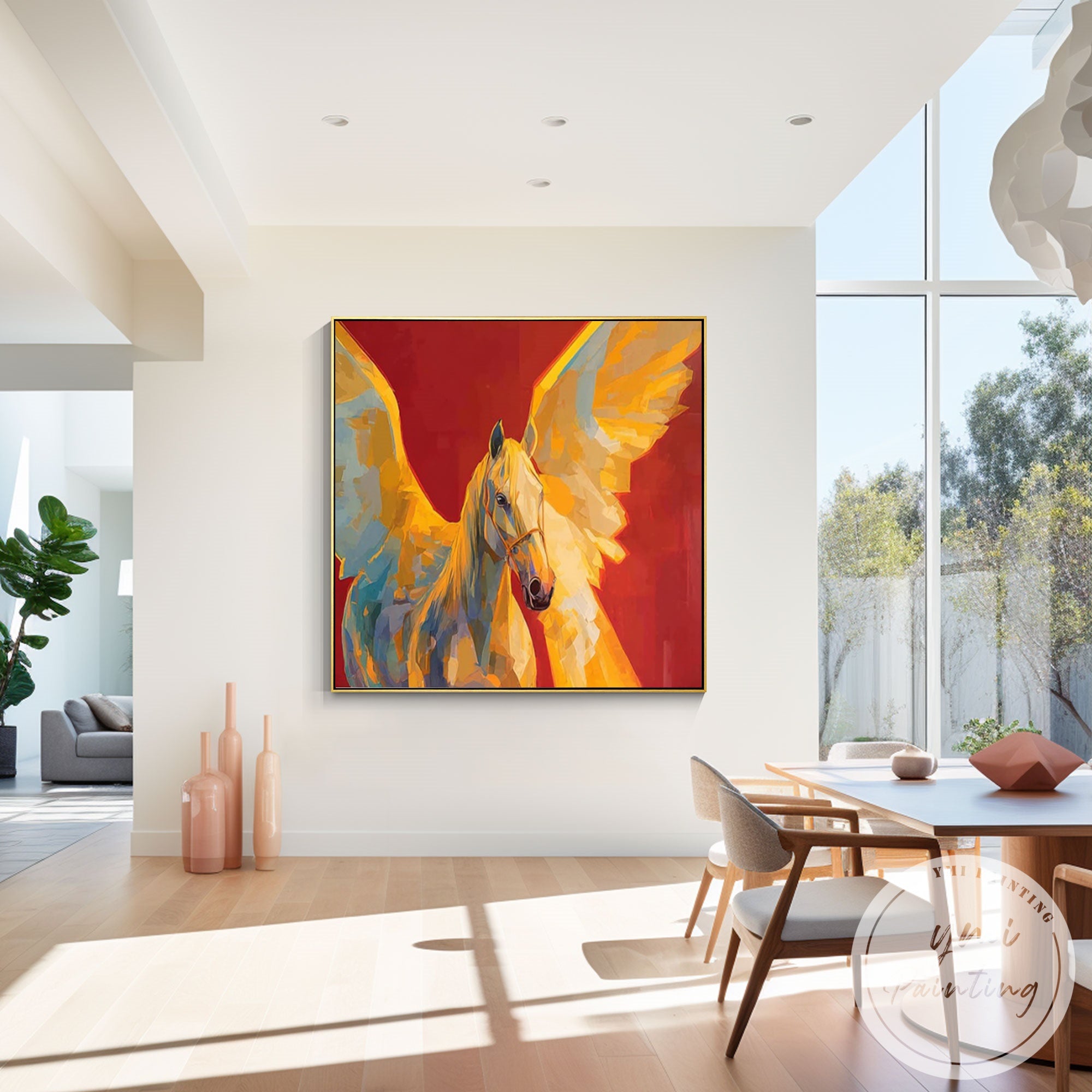 Large abstract winged horse painting red textured background