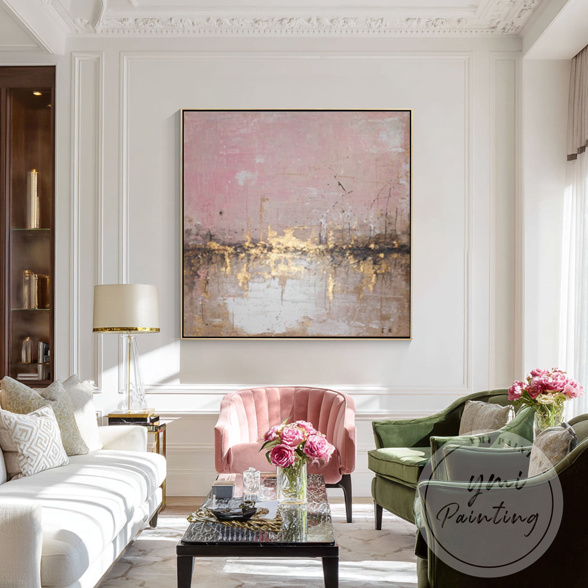 Gold textured abstract city skyline artwork for living room
