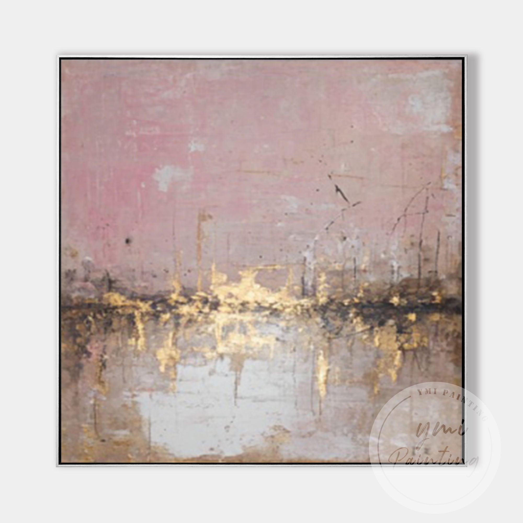 Abstract architectural skyline painting in soft pastel tones
