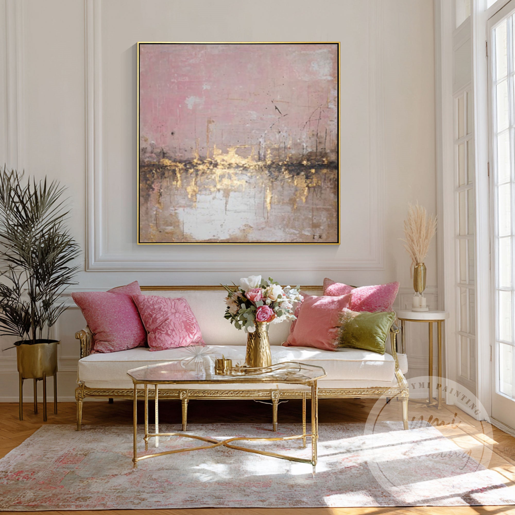 Contemporary urban cityscape painting in pink and neutral tones