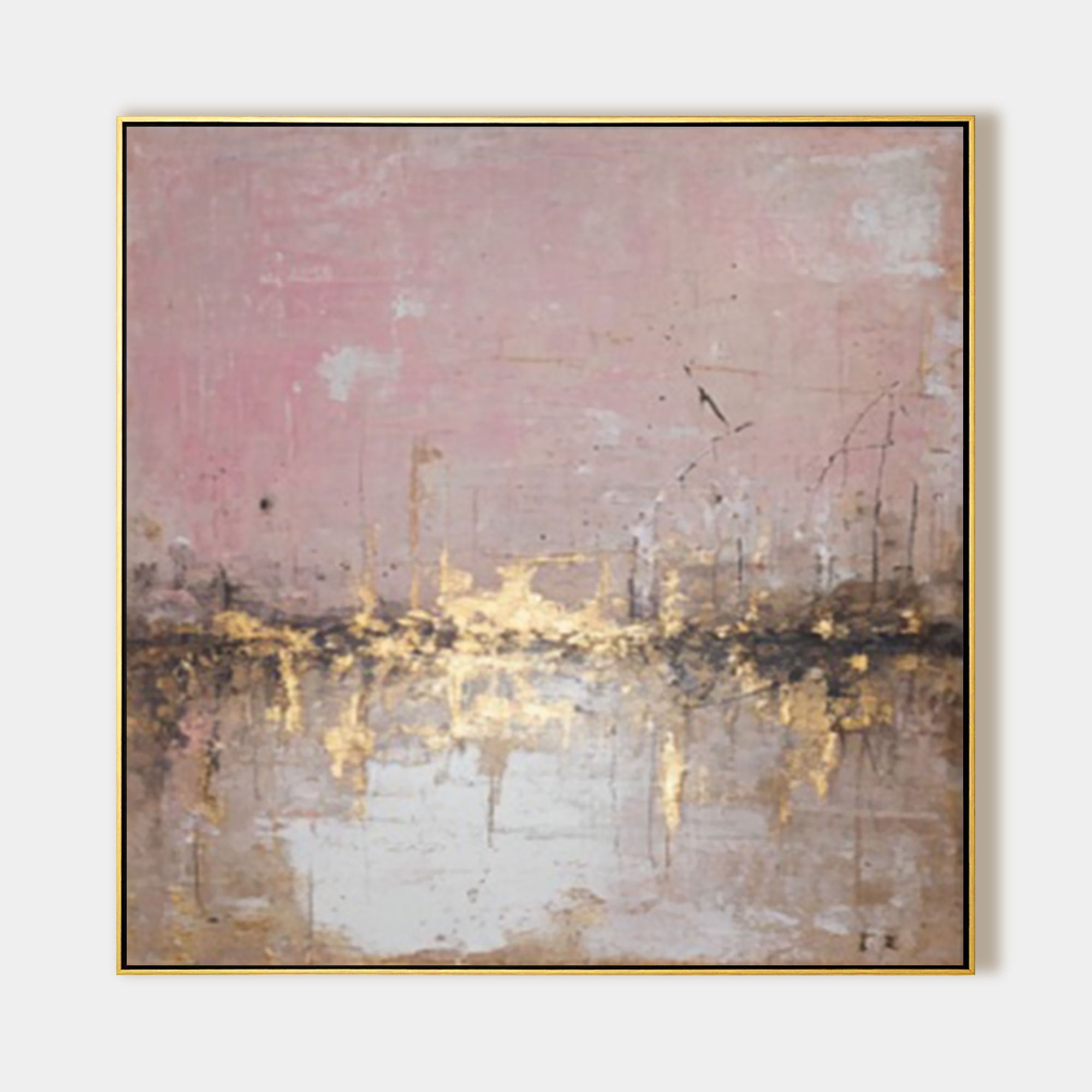 Abstract pink city skyline wall art with gold textured accents