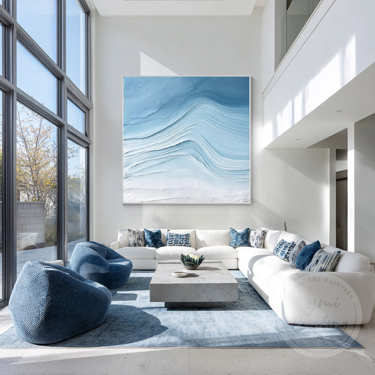 Close-up of blue abstract relief painting texture