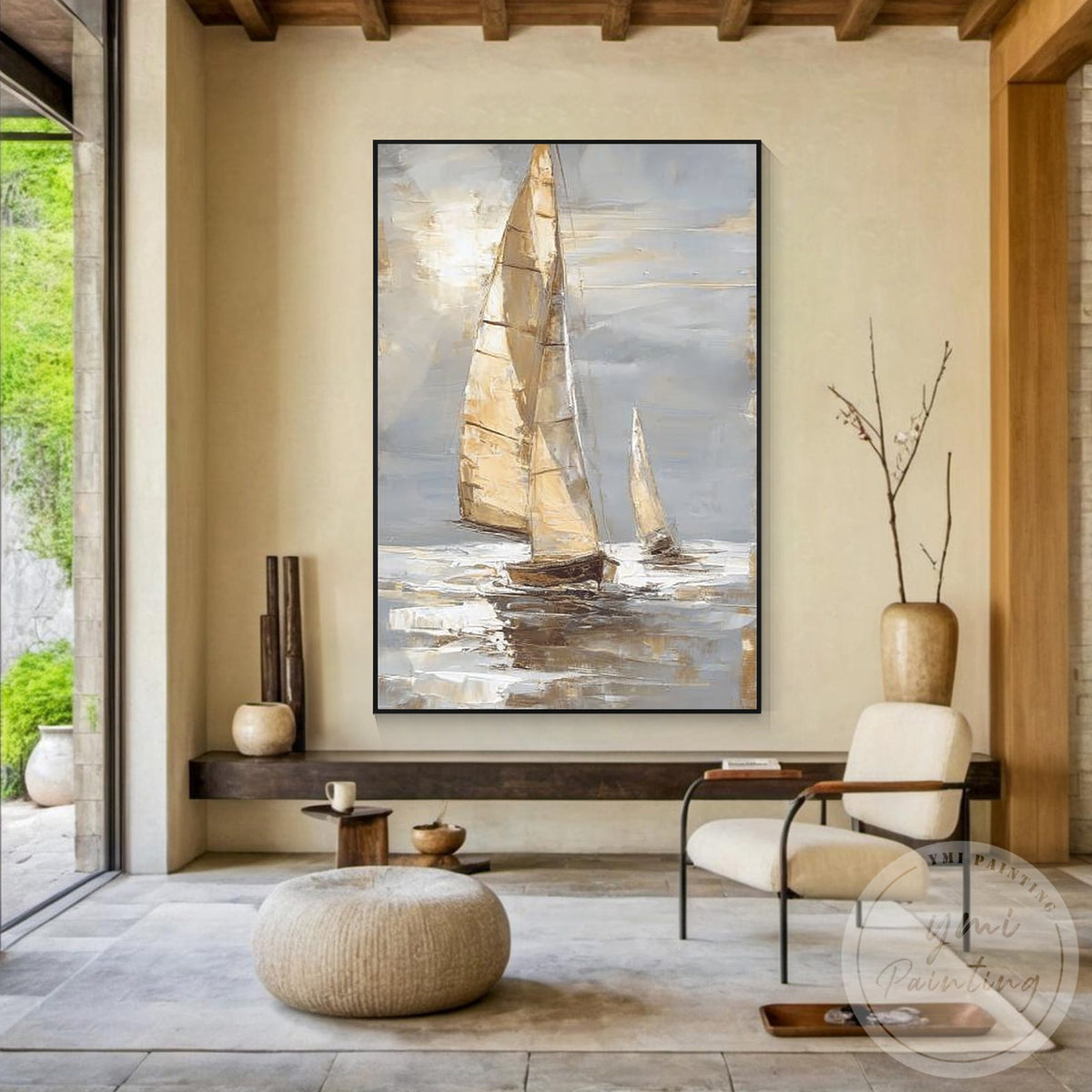 Modern neutral sailboat seascape wall decor for living room