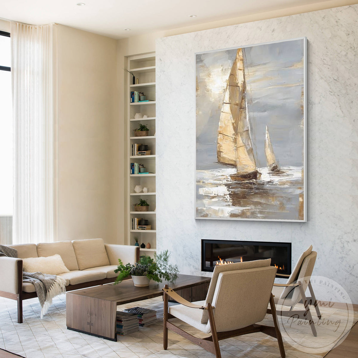 Textured ocean canvas with minimalist sailboat artwork