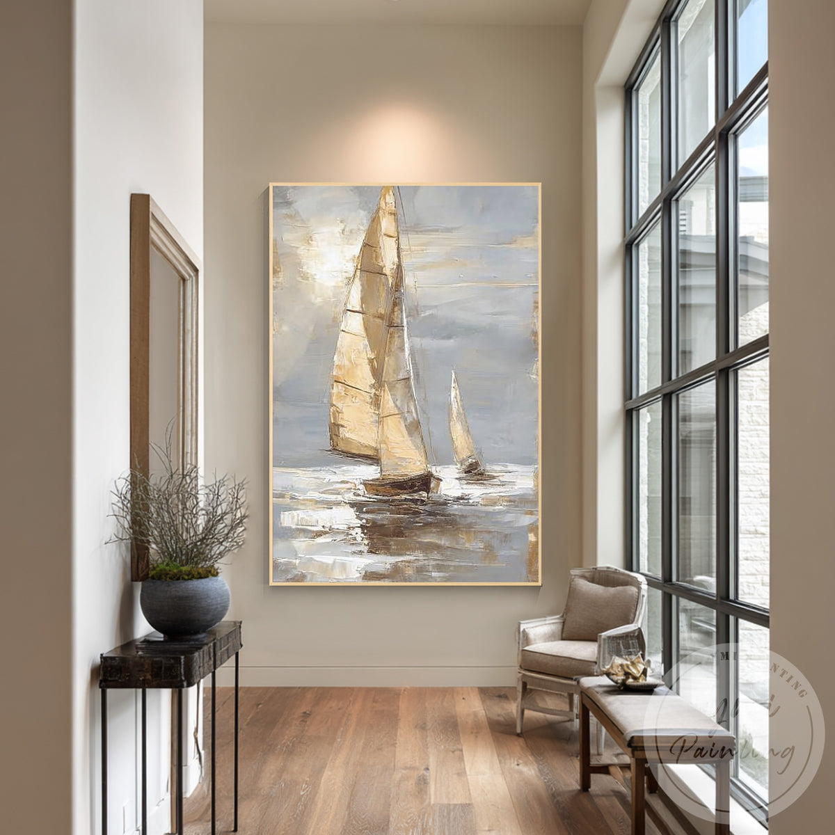 Neutral coastal sailboat painting for modern home interiors