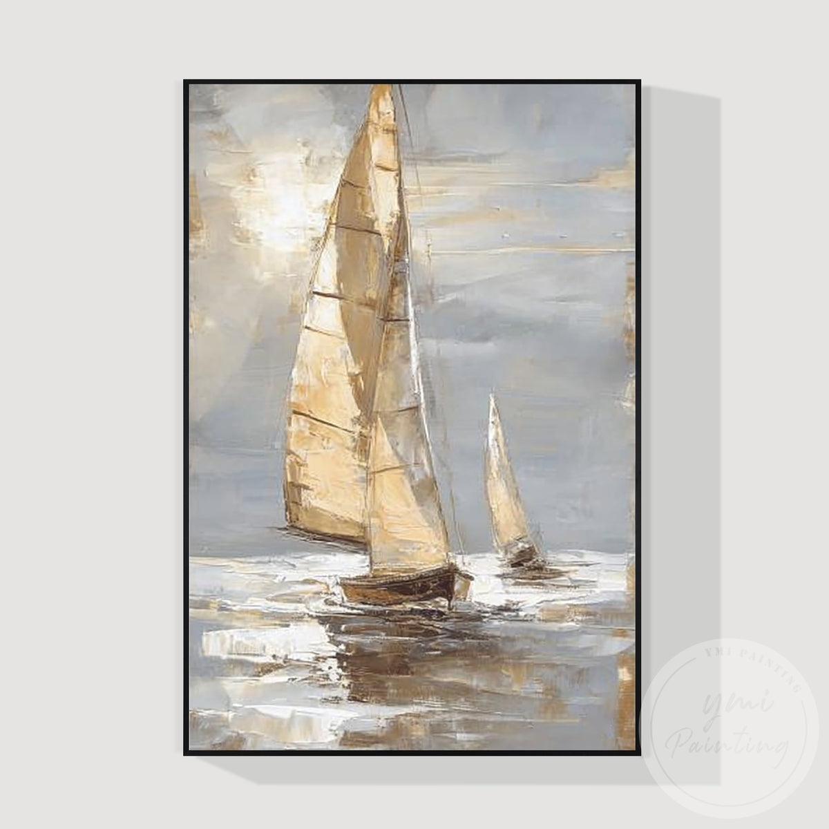 Contemporary neutral ocean artwork with sailboat design