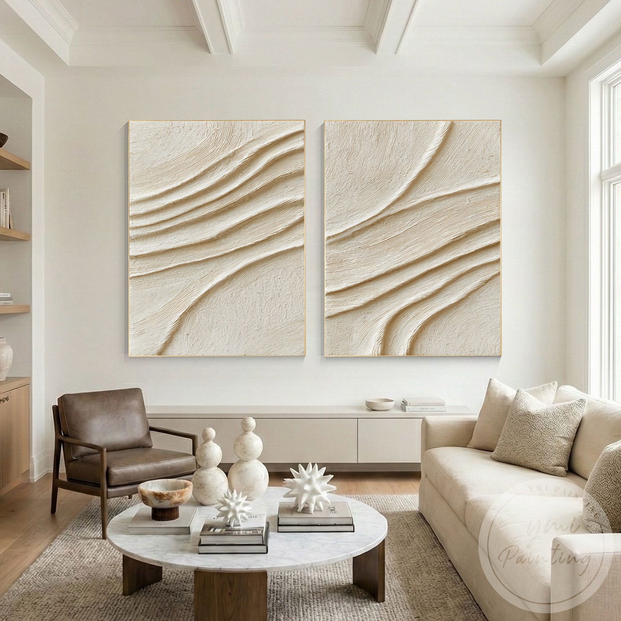 Beige Japandi Wabi Sabi wall decor with plaster wave texture