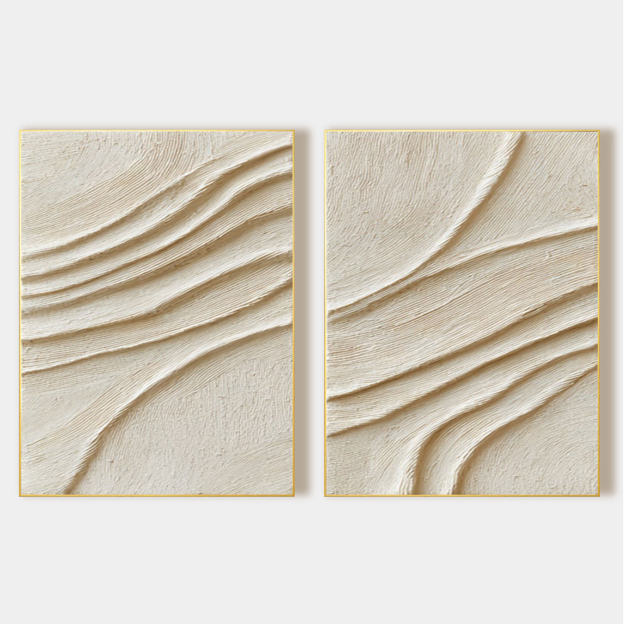 Abstract sand wave relief wall art set of 2 beige textured canvas