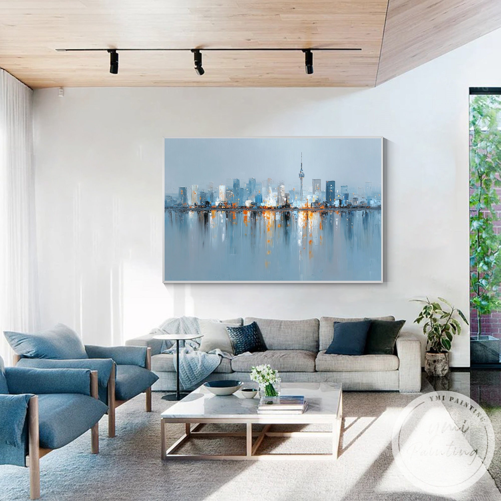 Contemporary urban canvas art Seoul skyline abstract style