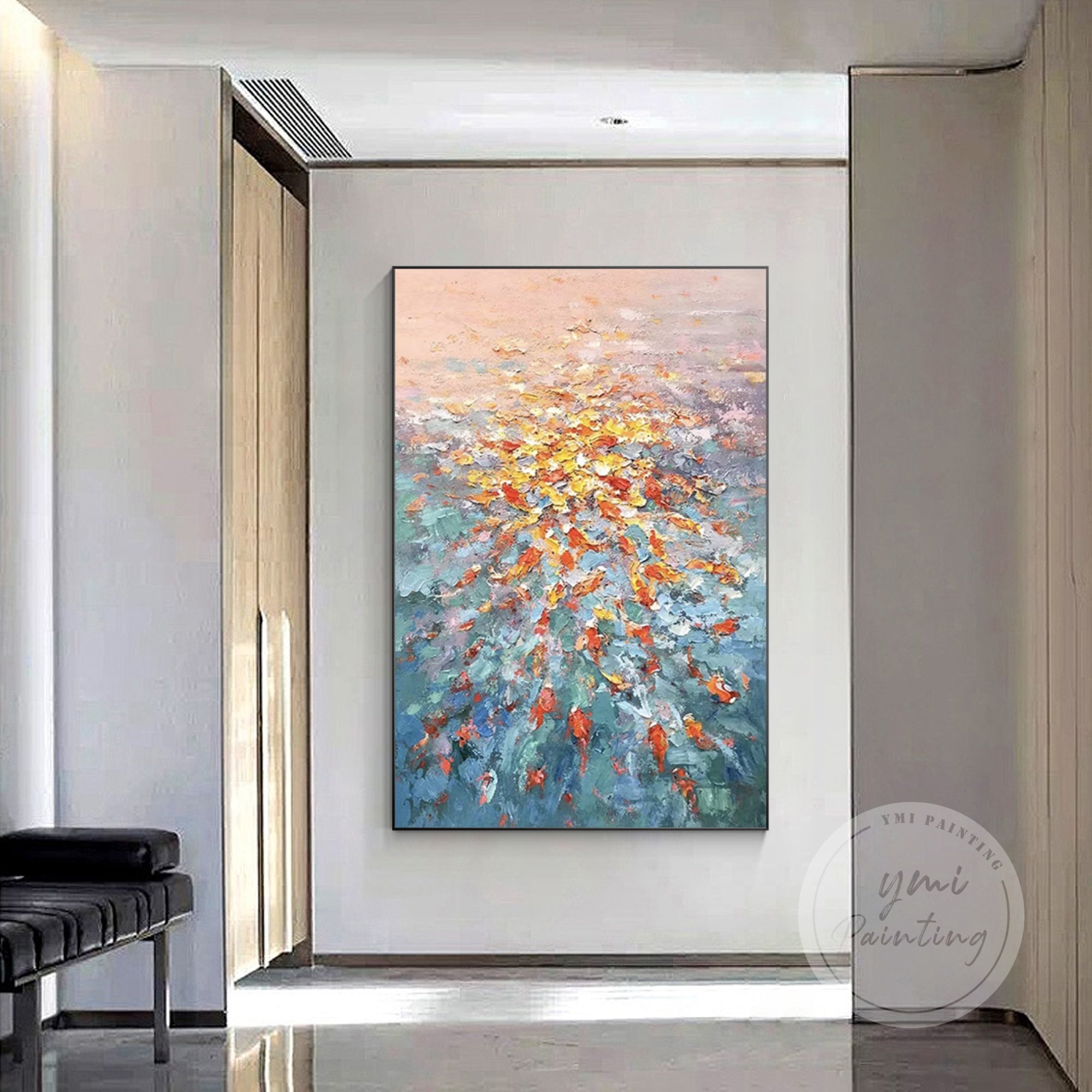 Goldfish art with vibrant colors and light blue sky background