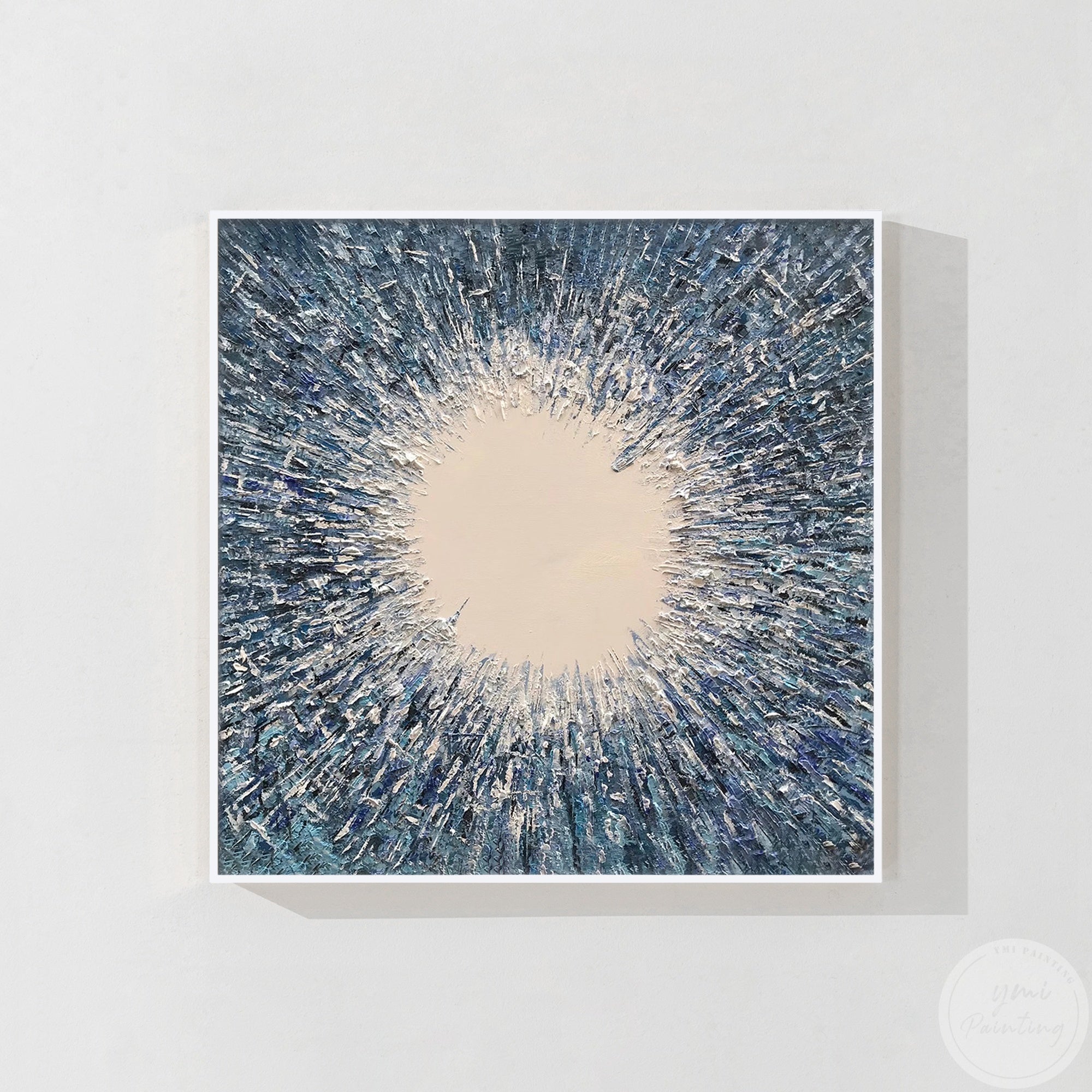 Hand-painted acrylic and oil blue-gray wall hanging artwork in a white frame