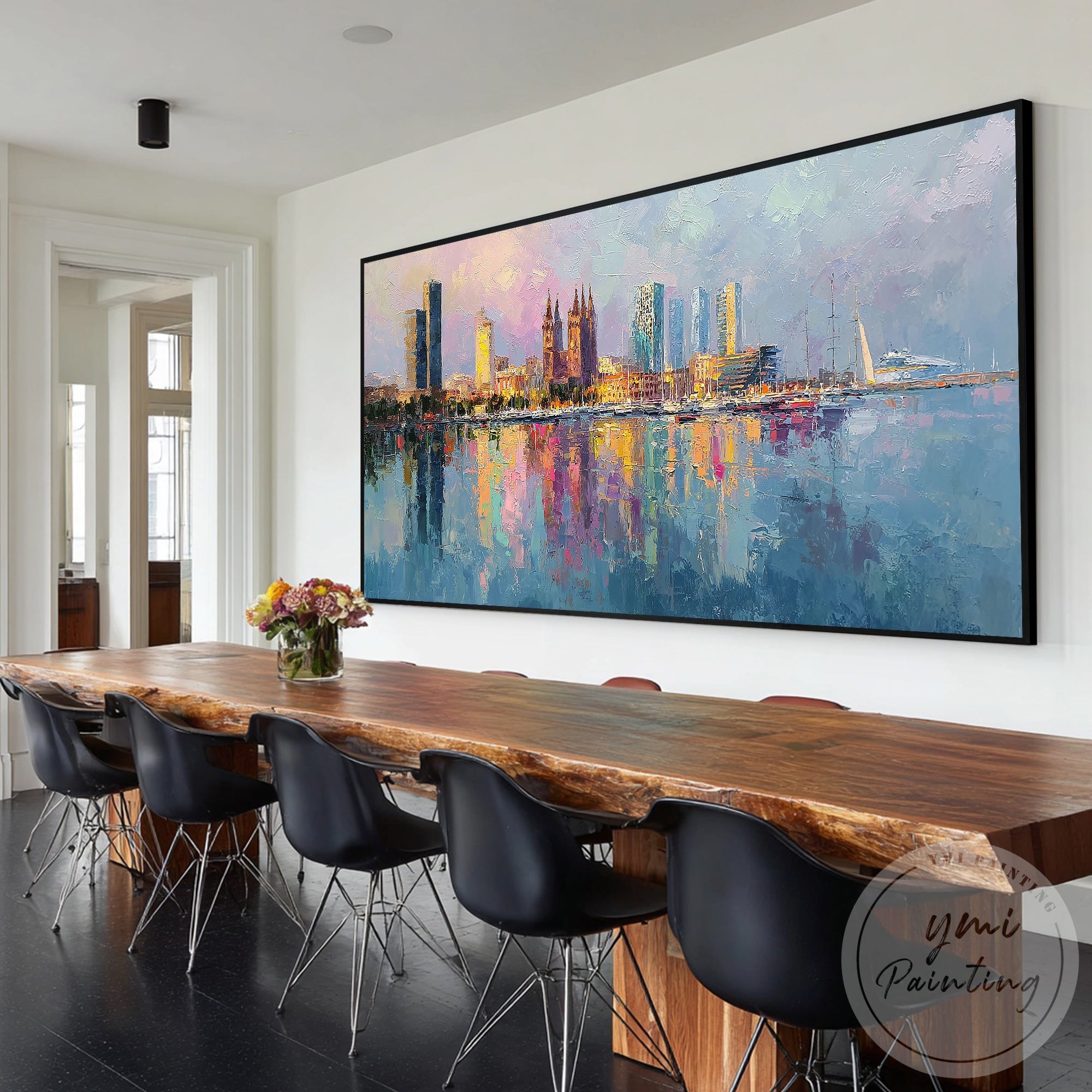 Colorful Barcelona skyline painting coastal city canvas artwork