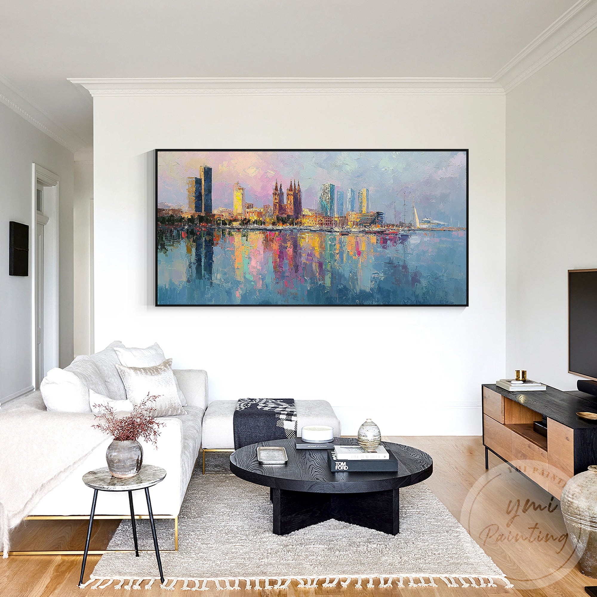 Modern abstract Barcelona cityscape impasto painting canvas